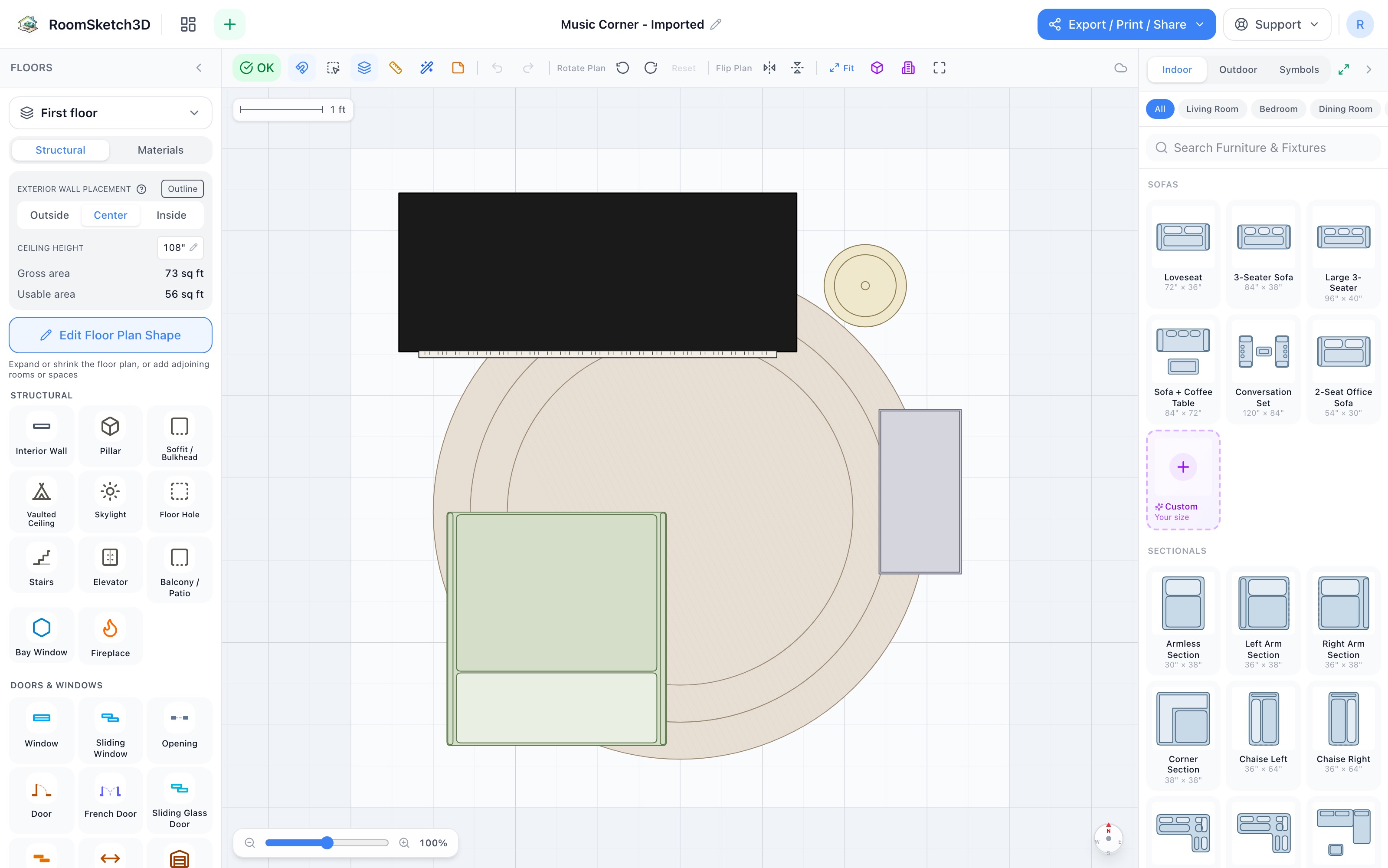 The music corner floor plan in 2D: upright piano on the far edge, floor lamp at its treble end, tall bookshelf down the right edge, and a reading chair across the round rug — RoomSketch3D room planner app