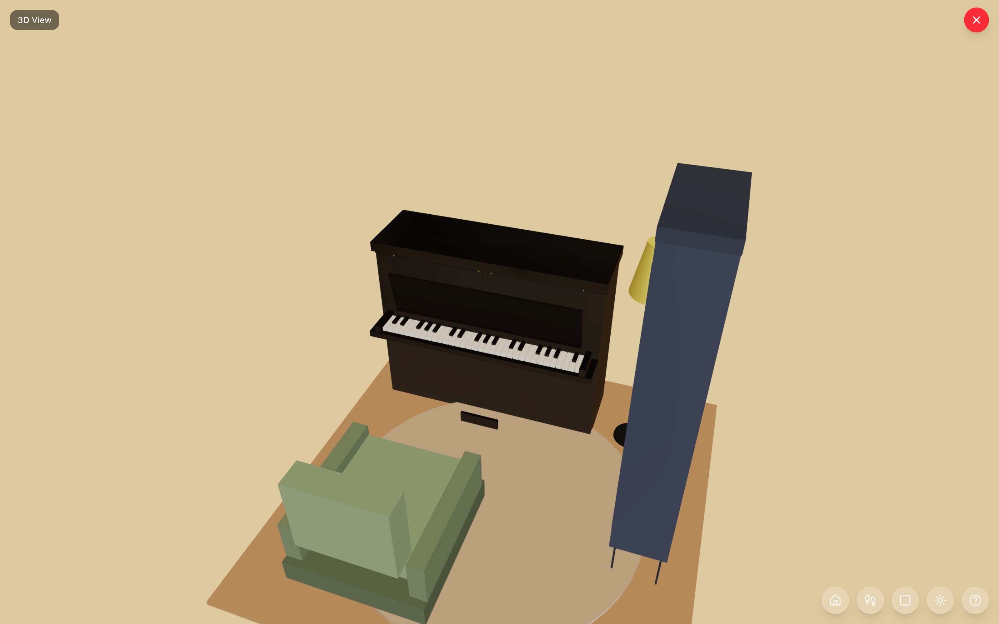 The music corner in 3D: upright piano with a floor lamp at its treble end, tall bookshelf along the edge, and a reading chair facing the piano across a round rug — RoomSketch3D floor planner