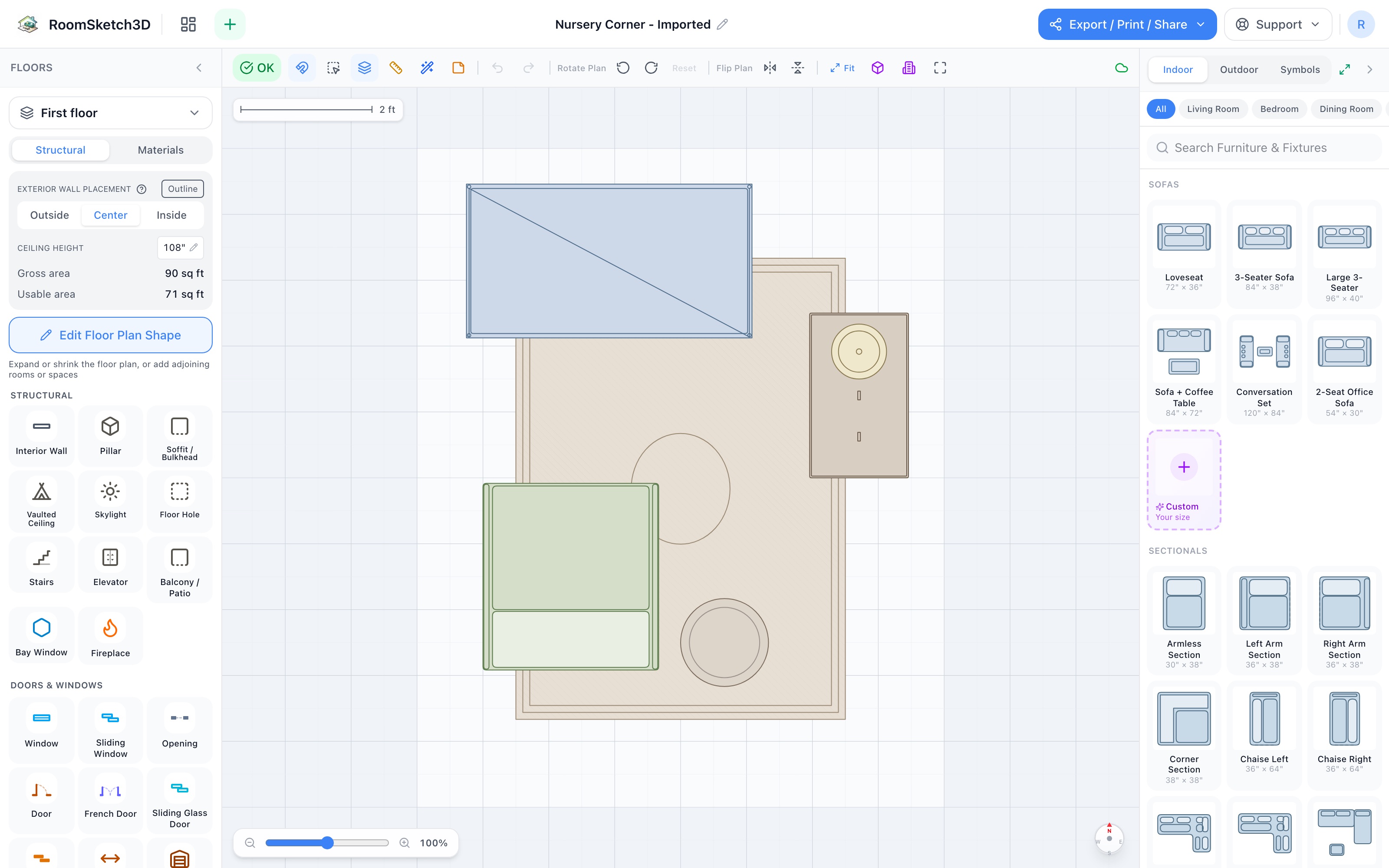 Nursery corner floor plan: crib on the far wall, reading chair facing it, dresser with lamp on the right, toy basket on the rug — RoomSketch3D floor plan creator