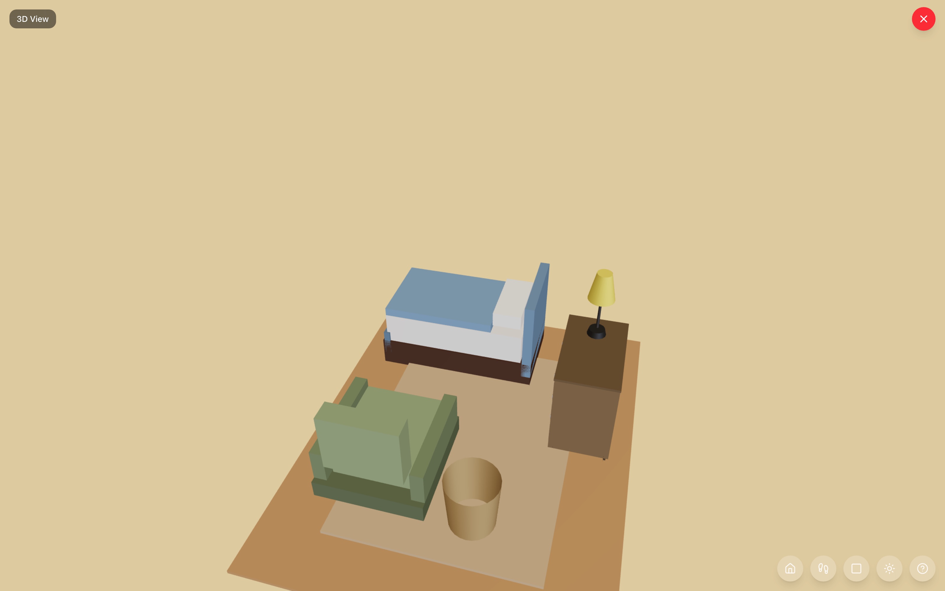 Nursery corner in 3D: crib, reading chair facing it, dresser with bedside lamp, toy basket on a rug — RoomSketch3D floor plan creator