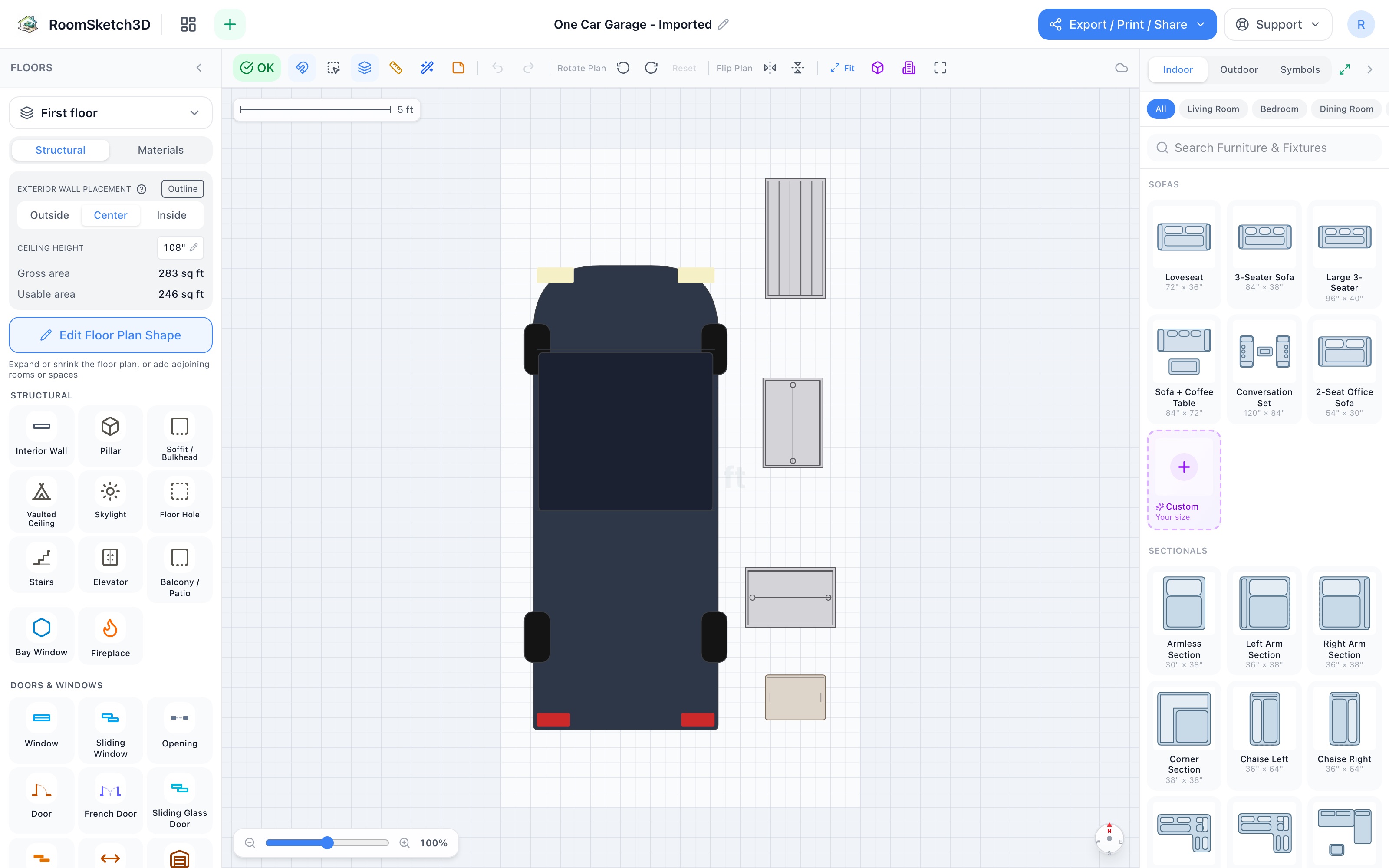 One-car garage floor plan: sedan parked offset toward the left wall with a driver's-door lane, 5-tier shelf, tall cabinet, large bin, and tote running down the right side — RoomSketch3D home design app