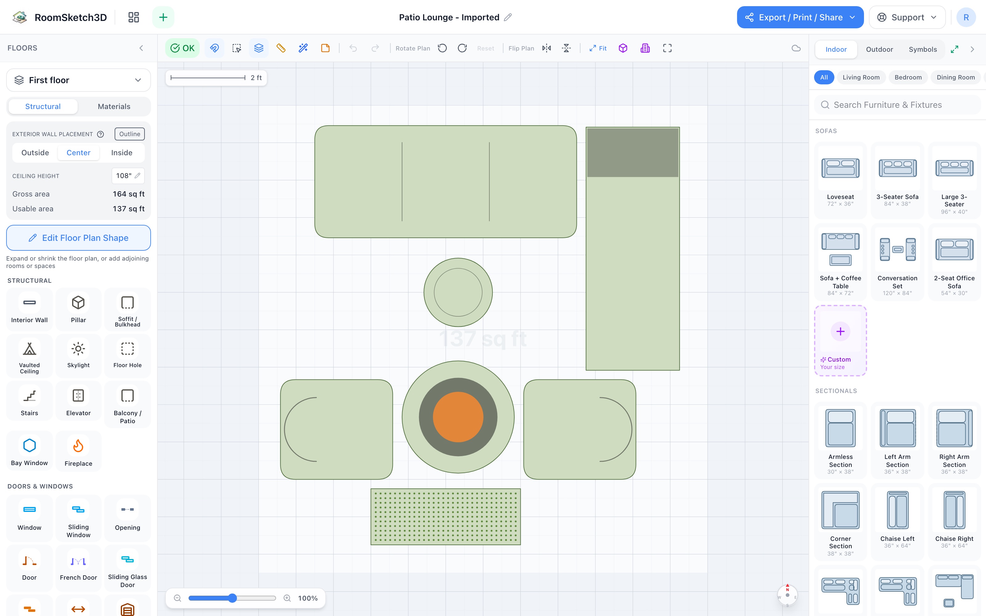 Patio lounge floor plan in 2D: outdoor sofa facing a round fire pit across a coffee table, two Adirondack chairs flanking the pit, a patio lounger on the sunny edge, and a planter box closing the circle — RoomSketch3D home design app