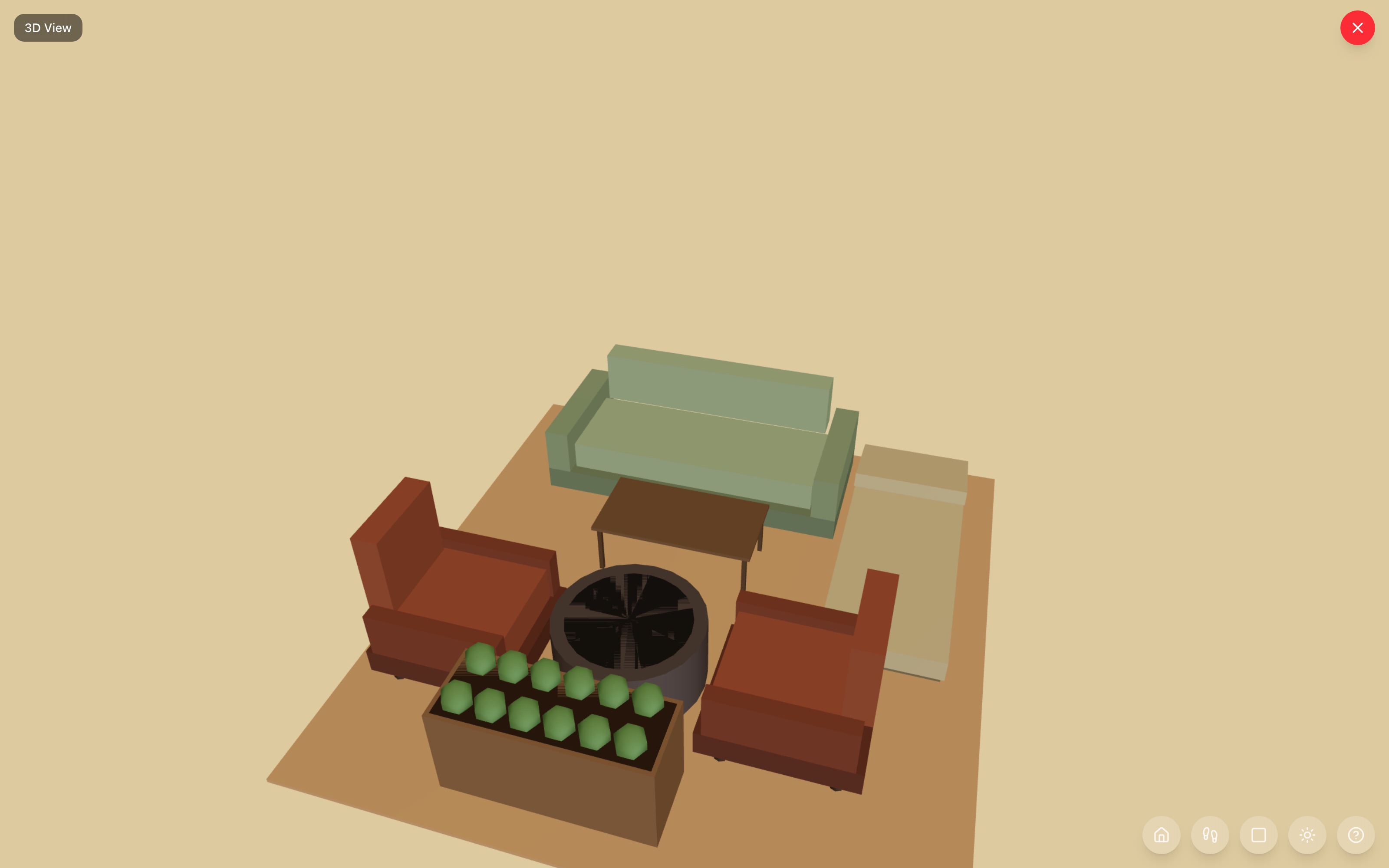 Patio lounge in 3D: outdoor sofa and two Adirondack chairs around a round fire pit, coffee table in front of the sofa, patio lounger on the sunny side, planter box closing the circle — RoomSketch3D floor plan creator