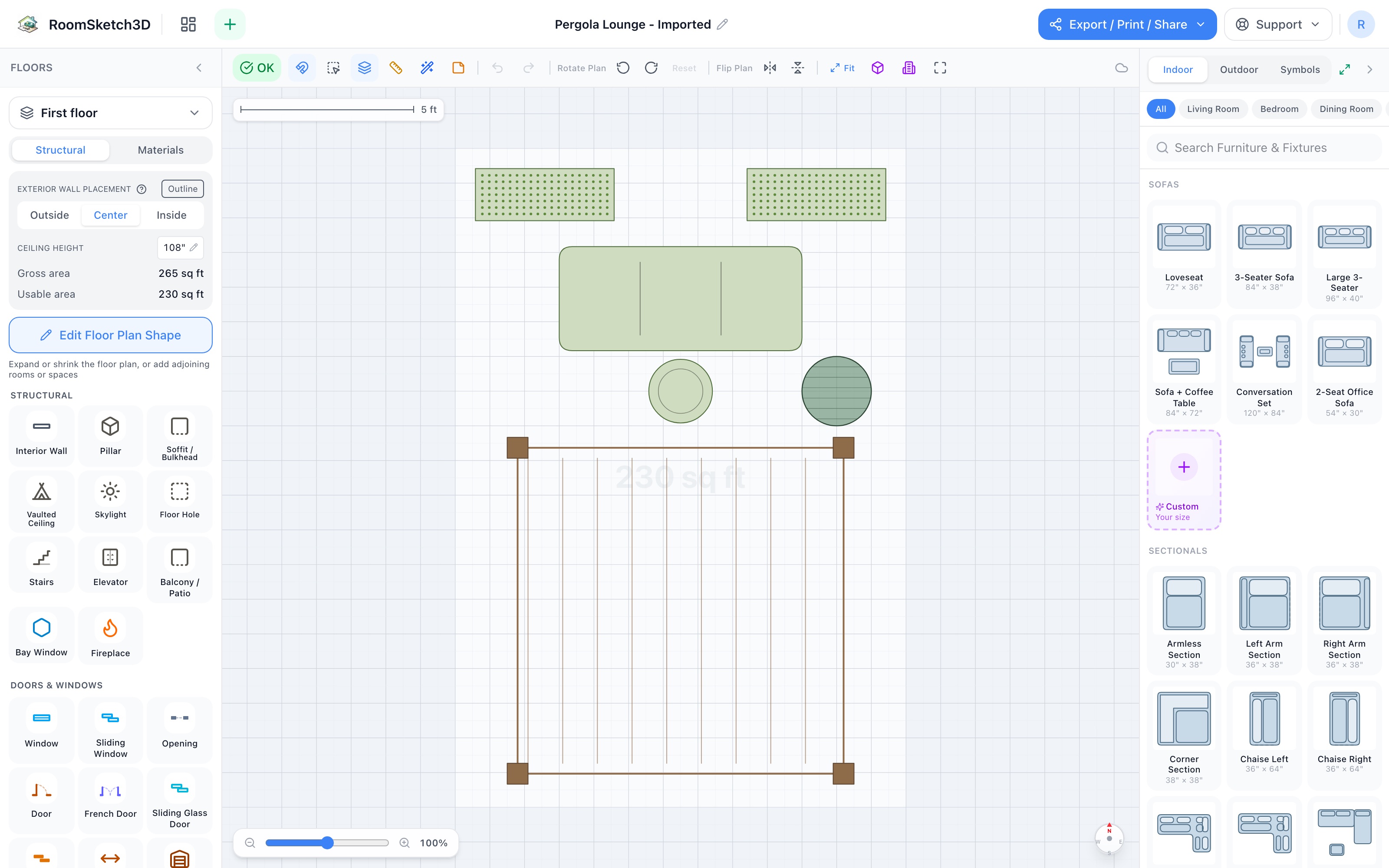 Pergola lounge floor plan in 2D: a 10×10 pergola at the far end of a 13×19 zone, an outdoor sofa facing it across a coffee table, a large plant beside the table, and two planter boxes behind the sofa — RoomSketch3D 3D floorplan software