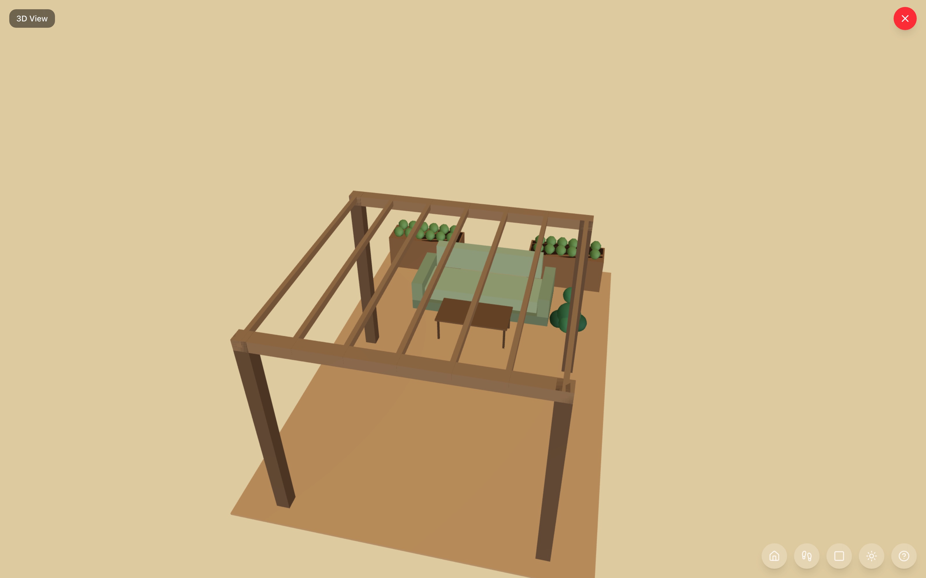 Pergola lounge in 3D: an outdoor sofa and coffee table at the mouth of a 10×10 pergola, a large plant beside the table, and two planter boxes forming a green wall behind the sofa — RoomSketch3D home design app
