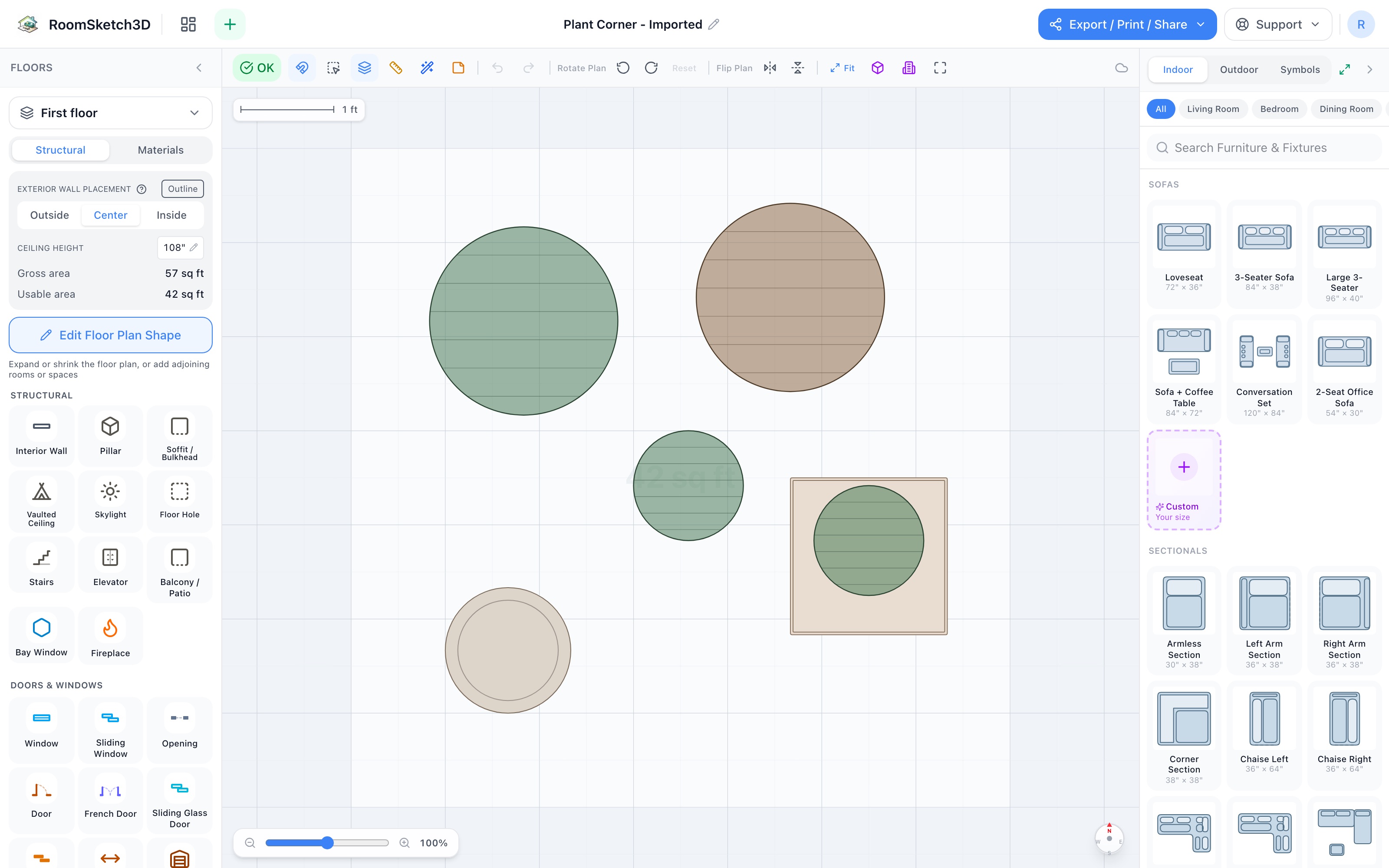 Plant corner floor plan in 2D: large plant and standalone planter at the back, side table with a small plant on the right, a second small plant mid-floor, storage basket at the left — RoomSketch3D floor planner