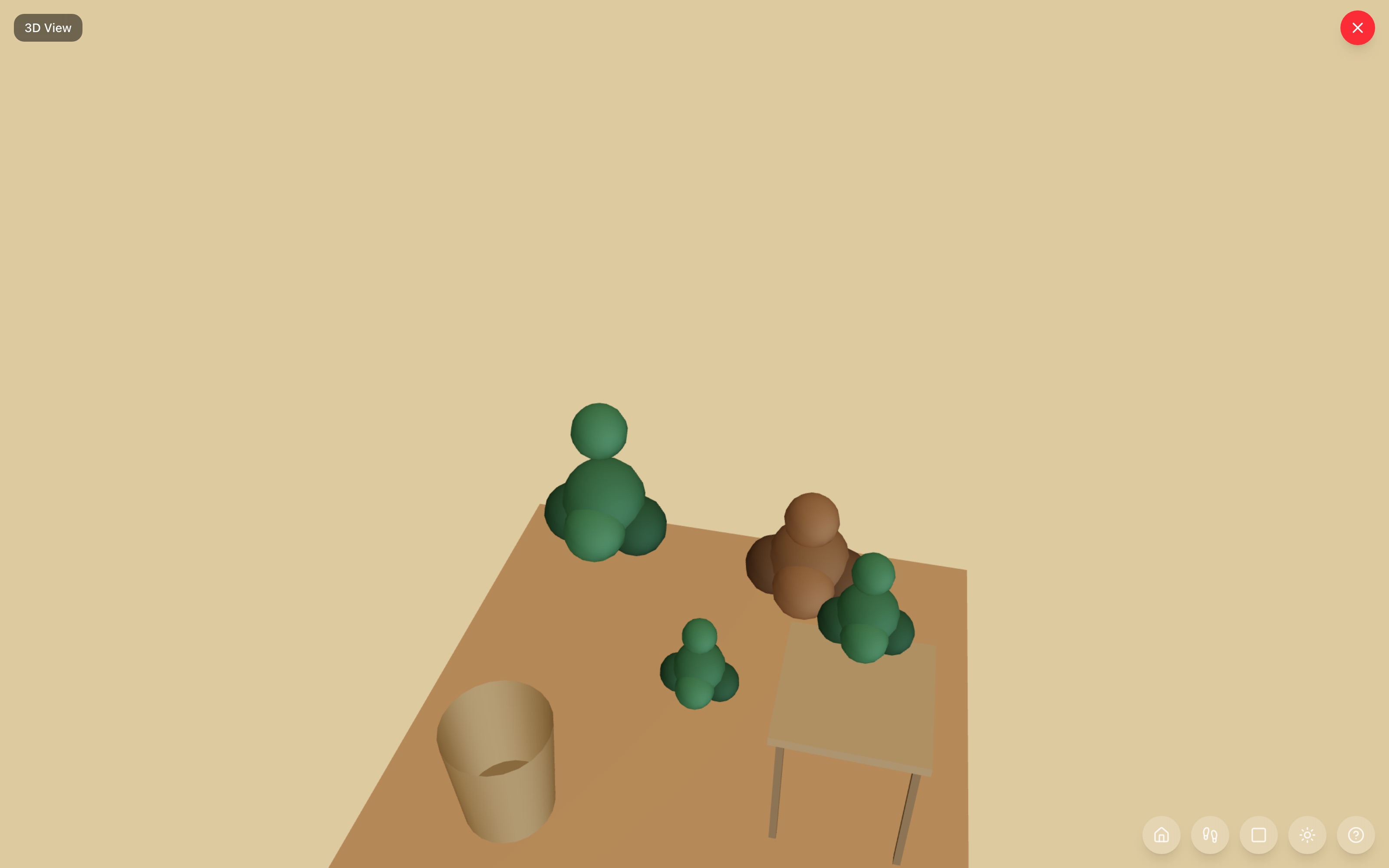 Plant corner in 3D: large plant and standalone planter at the back, small plant raised on a side table, second small plant and storage basket on the floor — RoomSketch3D 3D floorplan software