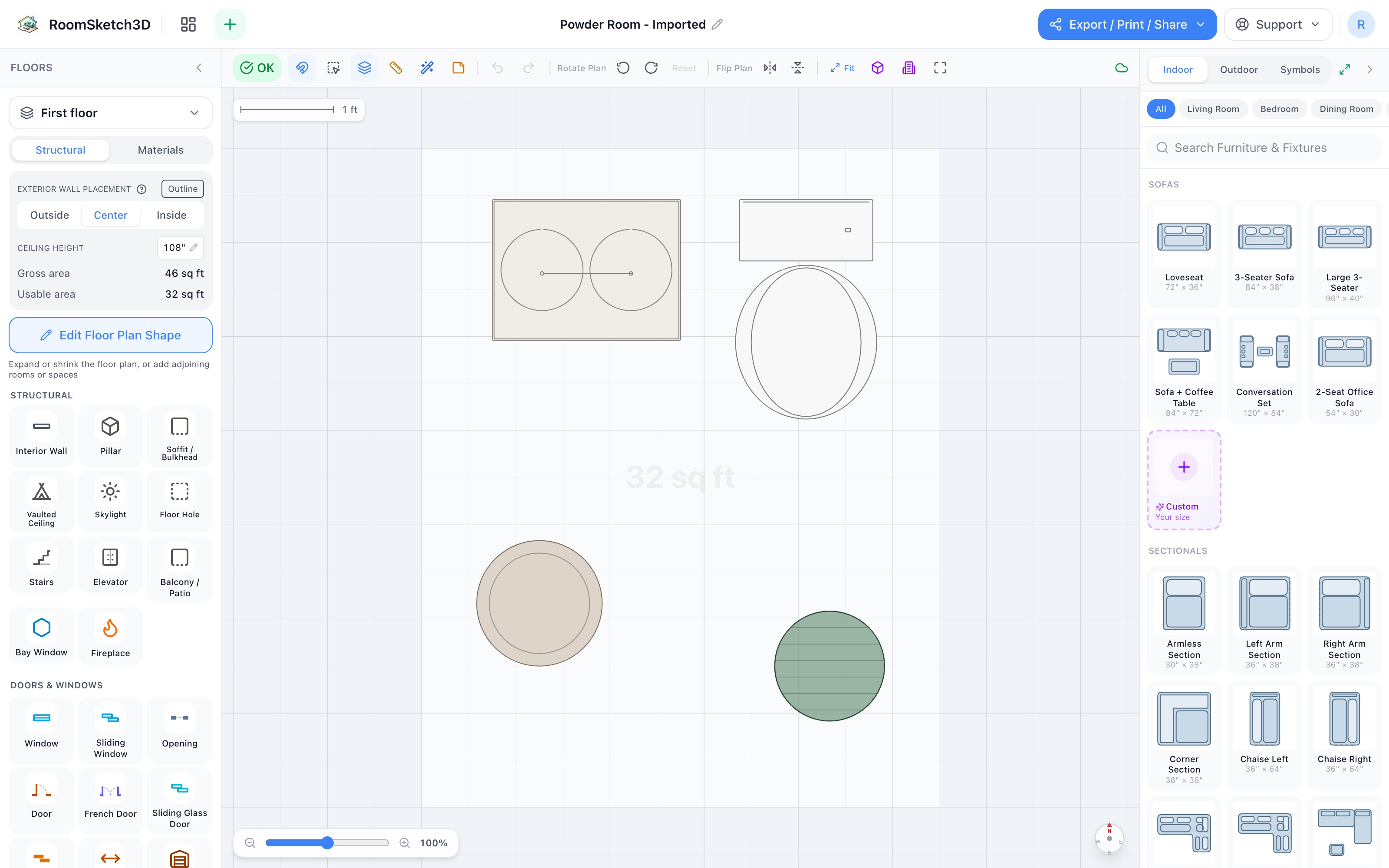 Powder room floor plan in 2D: 24-inch vanity and standard toilet side by side on the far wall, storage basket and small plant in the near corners, open floor in front of both fixtures — RoomSketch3D 3D floorplan software