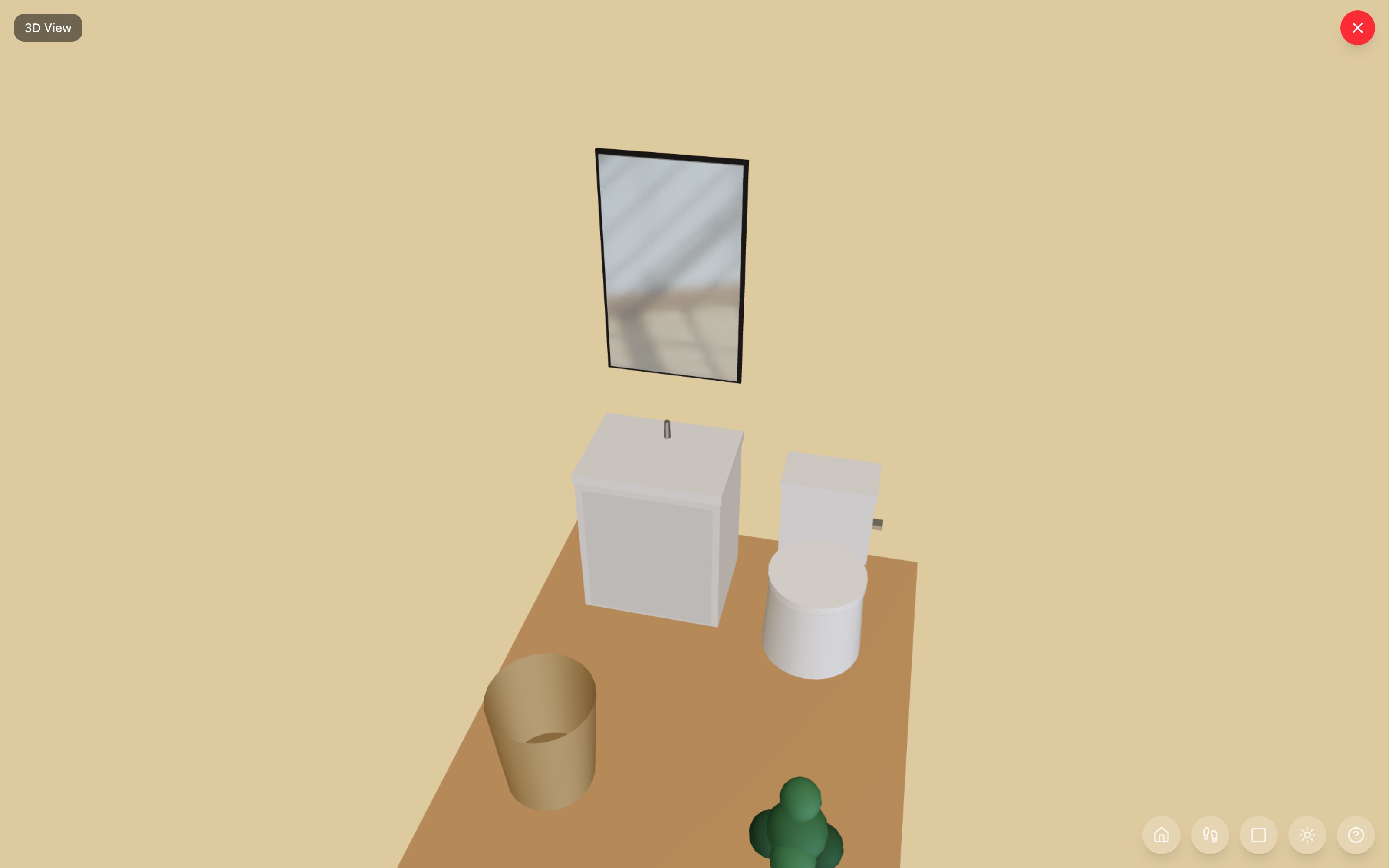 The powder room in 3D: 24-inch vanity and toilet side by side on the far wall, storage basket and small plant softening the near corners — RoomSketch3D room planner app