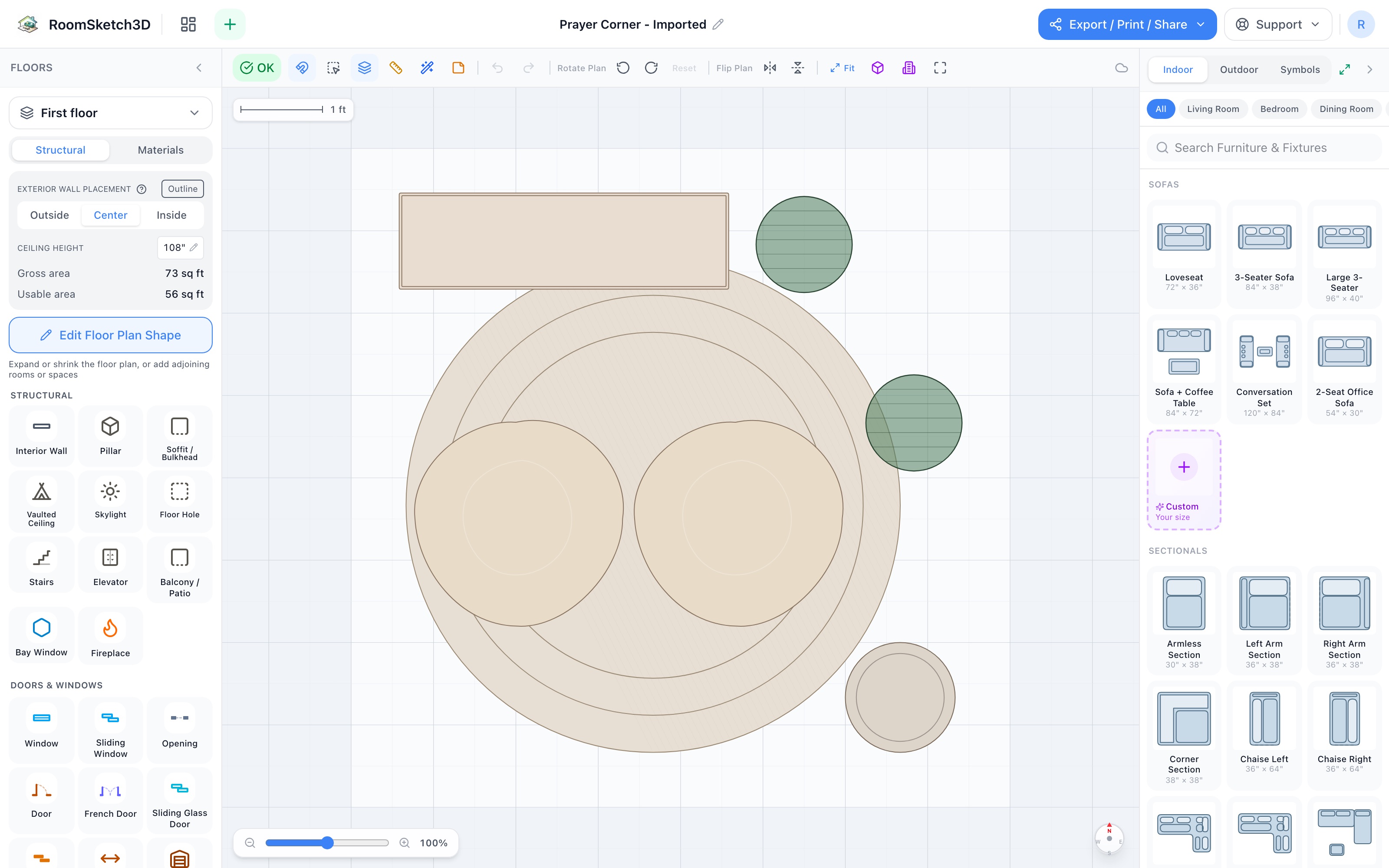 Prayer corner floor plan in 2D: a 48-inch console table altar against the top wall, two small bean bags on a 6 ft round rug about 20 inches back, small plants flanking the space, and a storage basket in the far corner — RoomSketch3D room planner app