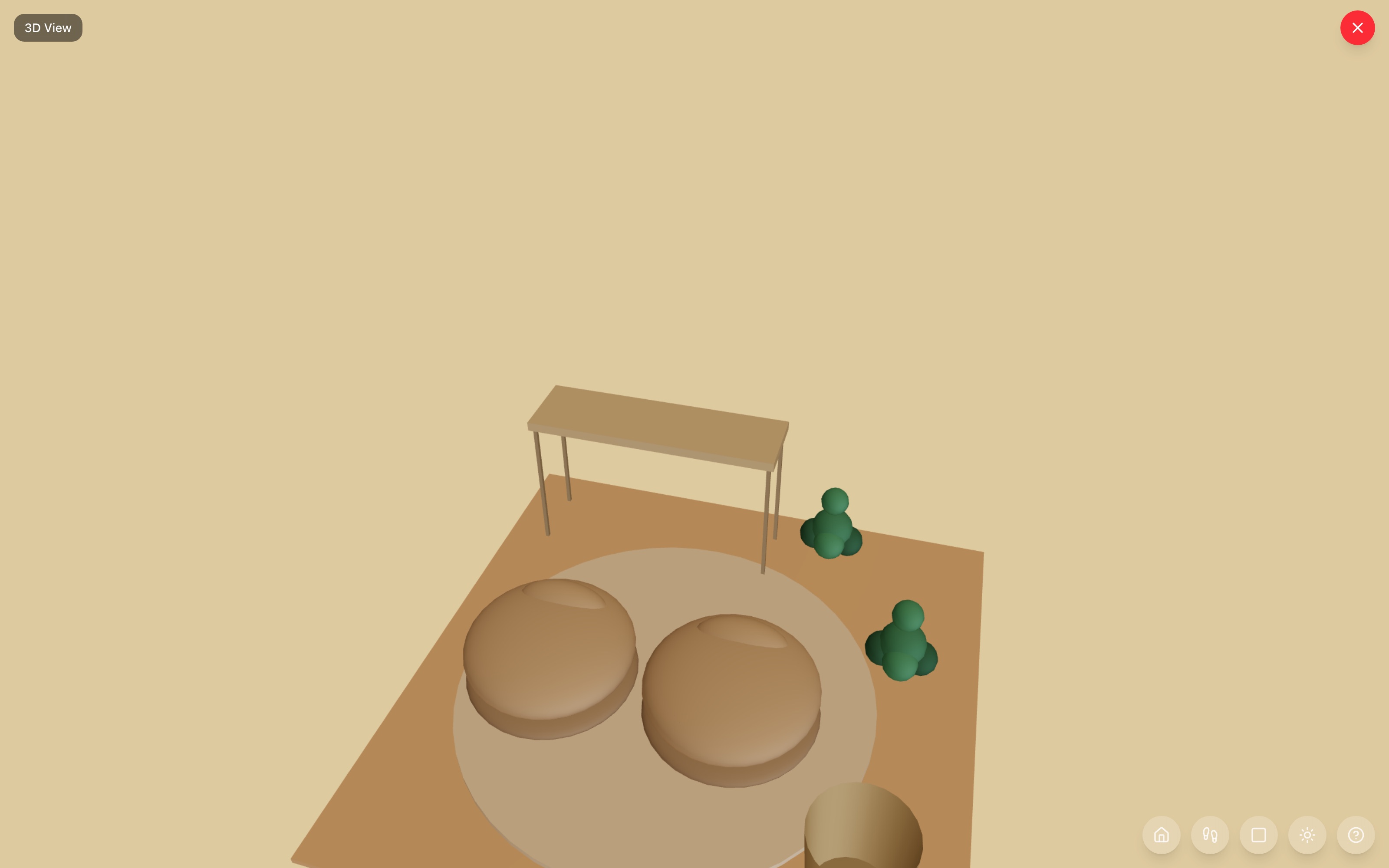 Prayer corner in 3D: a console table altar against the wall with two small bean bags on a round rug facing it, small plants at the sides, and a storage basket in the corner — RoomSketch3D home design app