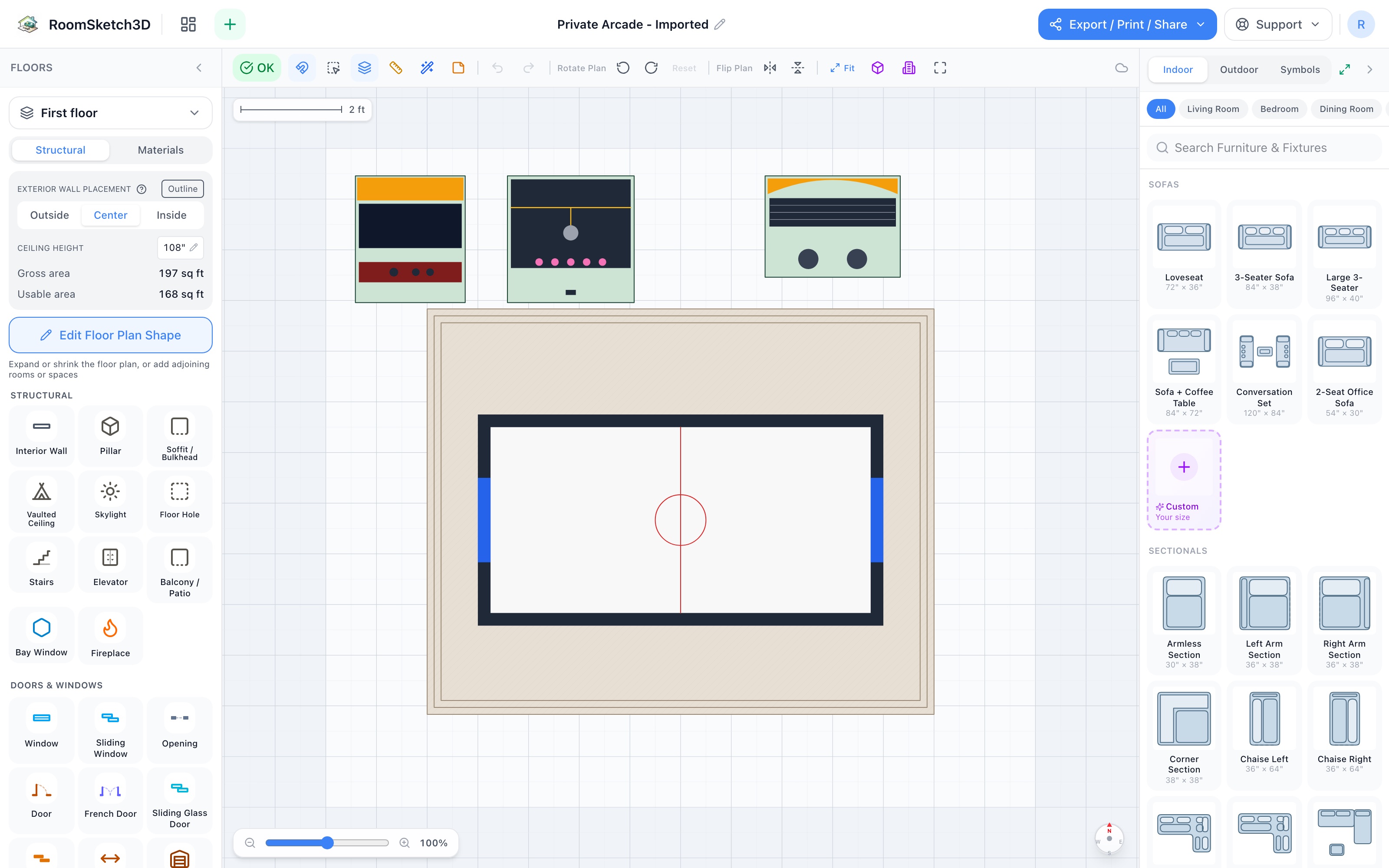 Private arcade floor plan in 2D: arcade cabinet and claw machine side by side on the top-left wall, jukebox at top-right, air hockey table centered on the floor over a sideways 8x10 rug — RoomSketch3D floor plan creator