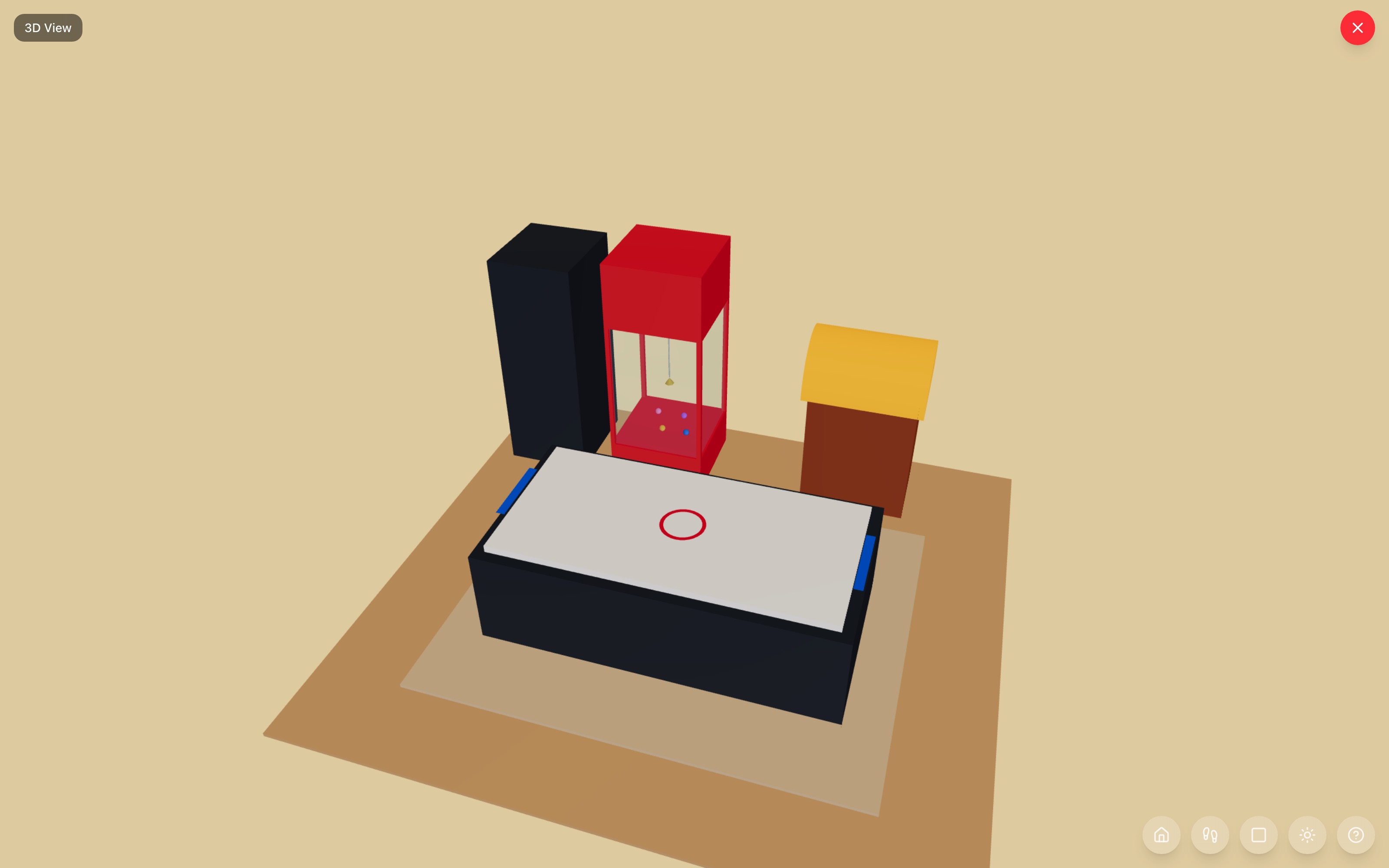 Private arcade in 3D: arcade cabinet, claw machine, and jukebox glowing along the back wall, with the air hockey table centered on a sideways area rug — RoomSketch3D floor planner
