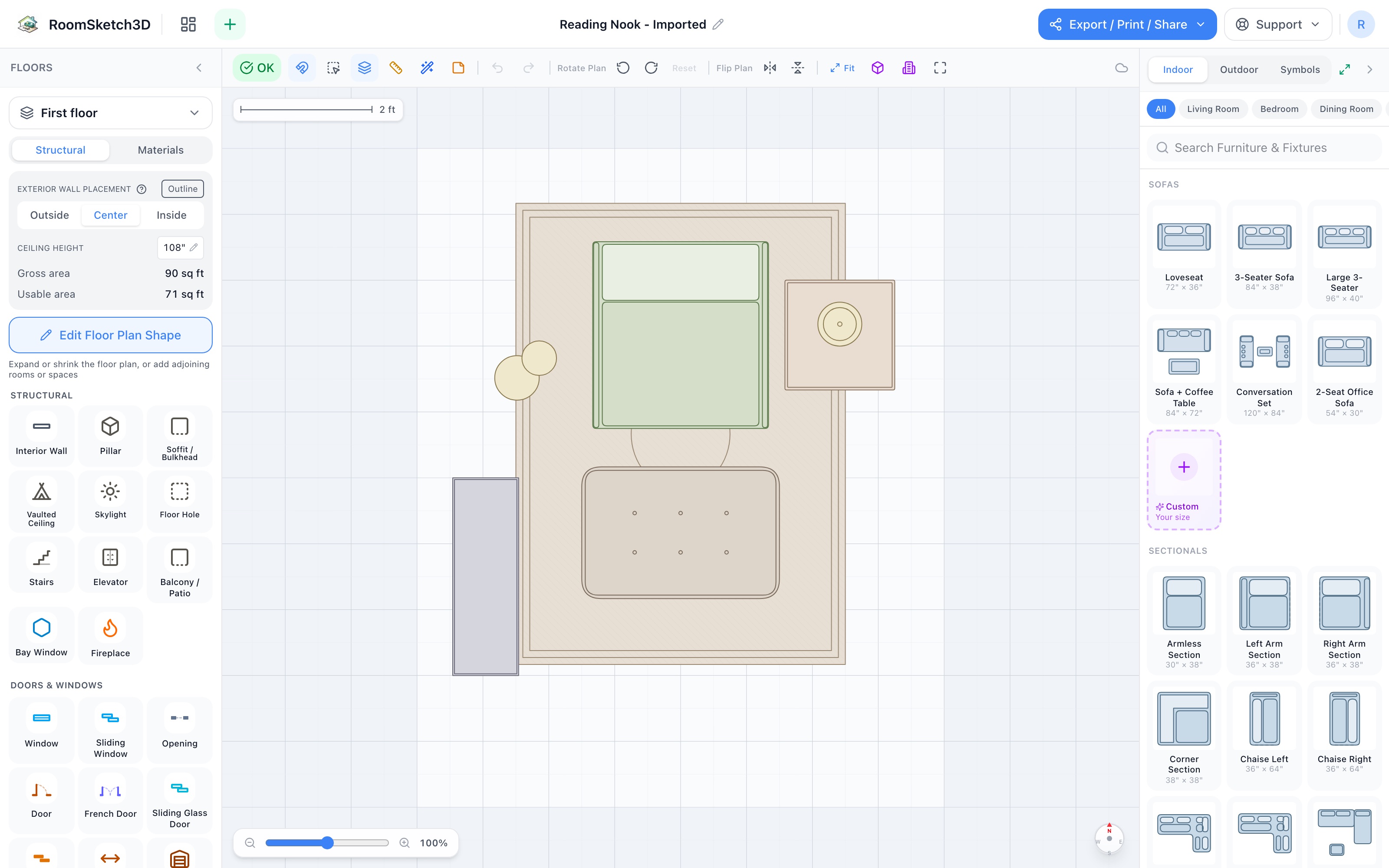 The reading nook floor plan in 2D: rug, reading chair, ottoman, side table with lamp, arc floor lamp, and bookshelf — RoomSketch3D room planner app