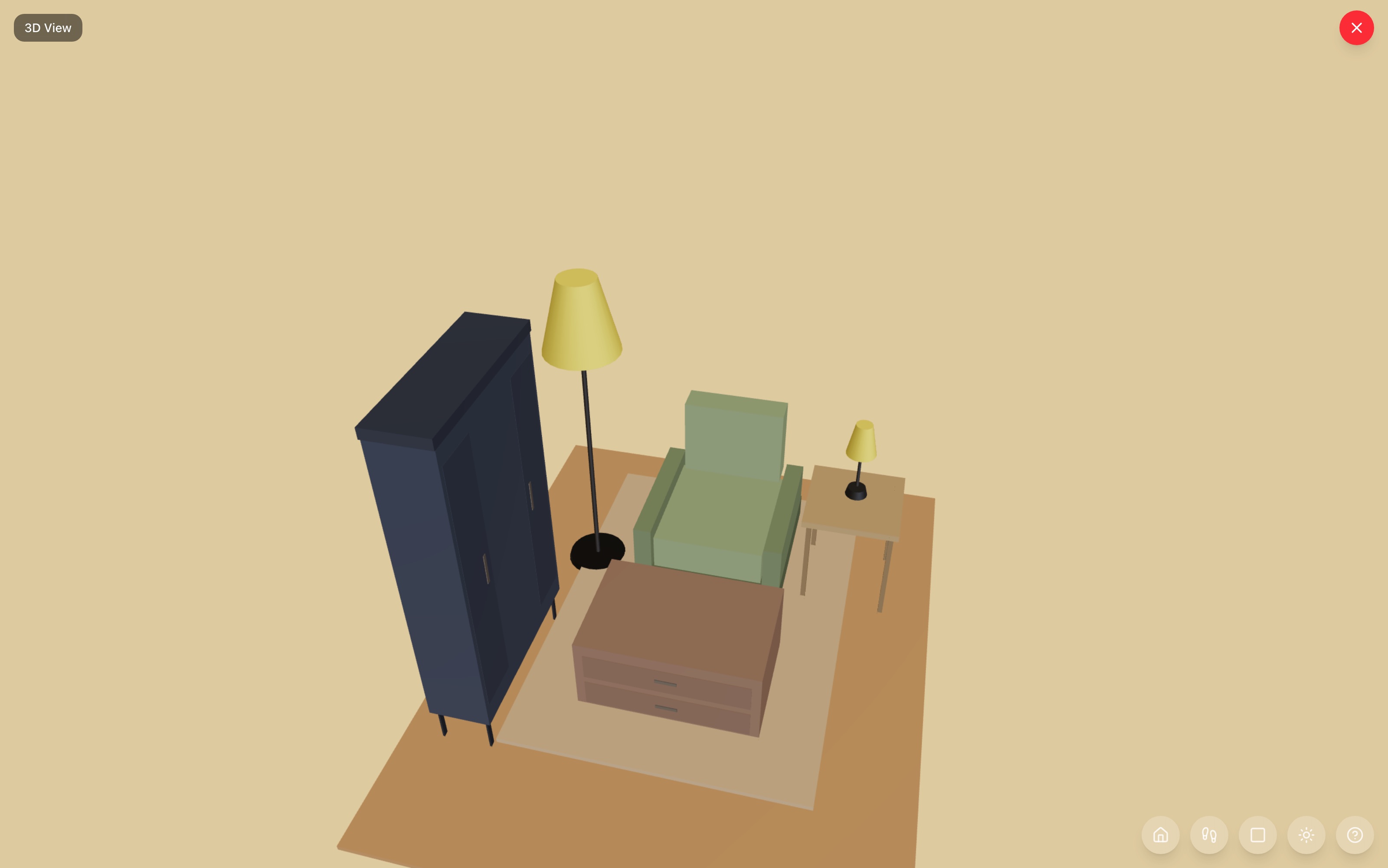 The reading nook in 3D: bookshelf, arc floor lamp, reading chair, storage ottoman, side table with lamp on a rug — RoomSketch3D home design app