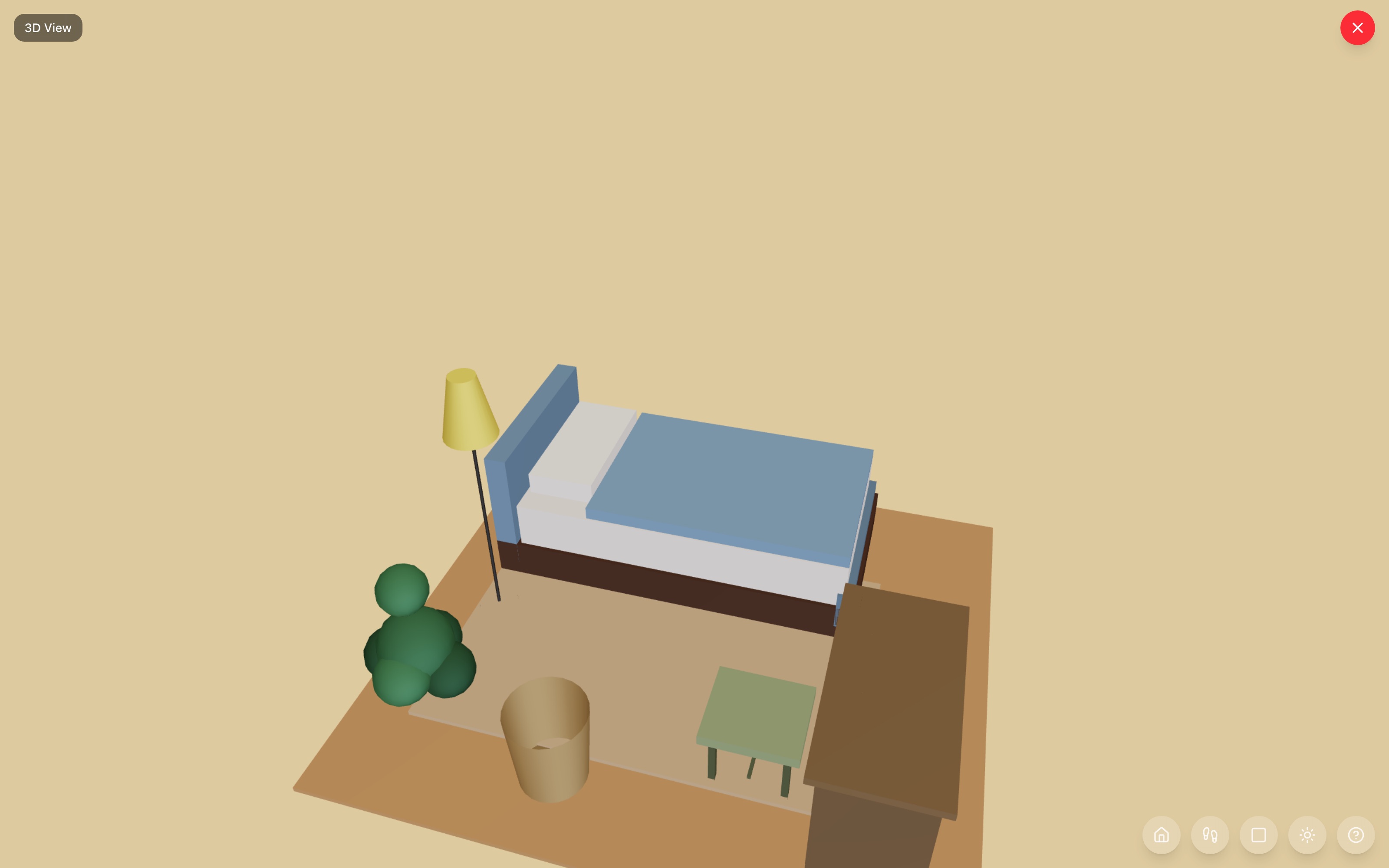 She shed interior in 3D: the daybed along the back wall with a floor lamp at its foot, a writing desk and vanity stool in the corner facing the room, a large plant opposite, a storage basket beside the daybed, and a sideways 5×7 rug under the middle — RoomSketch3D room planner app