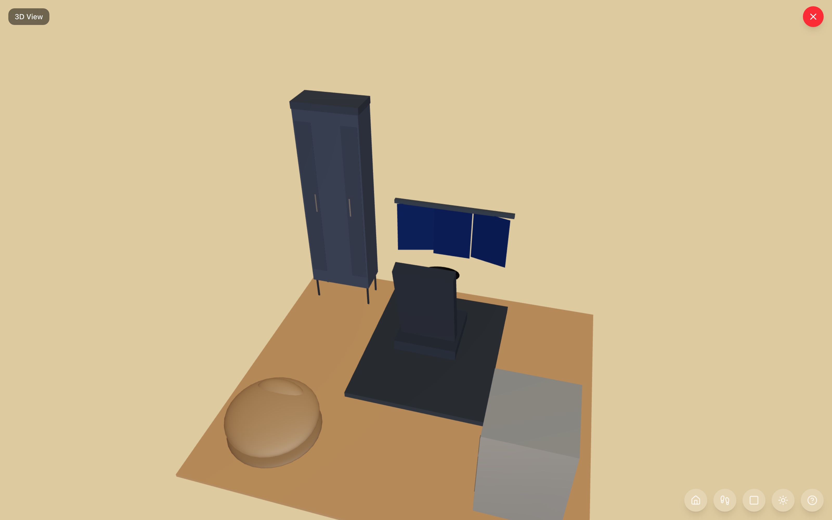 Sim-racing den in 3D: the driving rig with wheel, bucket seat, and triple screens centered in the room, the tall trophy bookshelf top-left, mini fridge on the right wall, and a small bean bag spectator seat in the bottom-left corner — RoomSketch3D floor planner