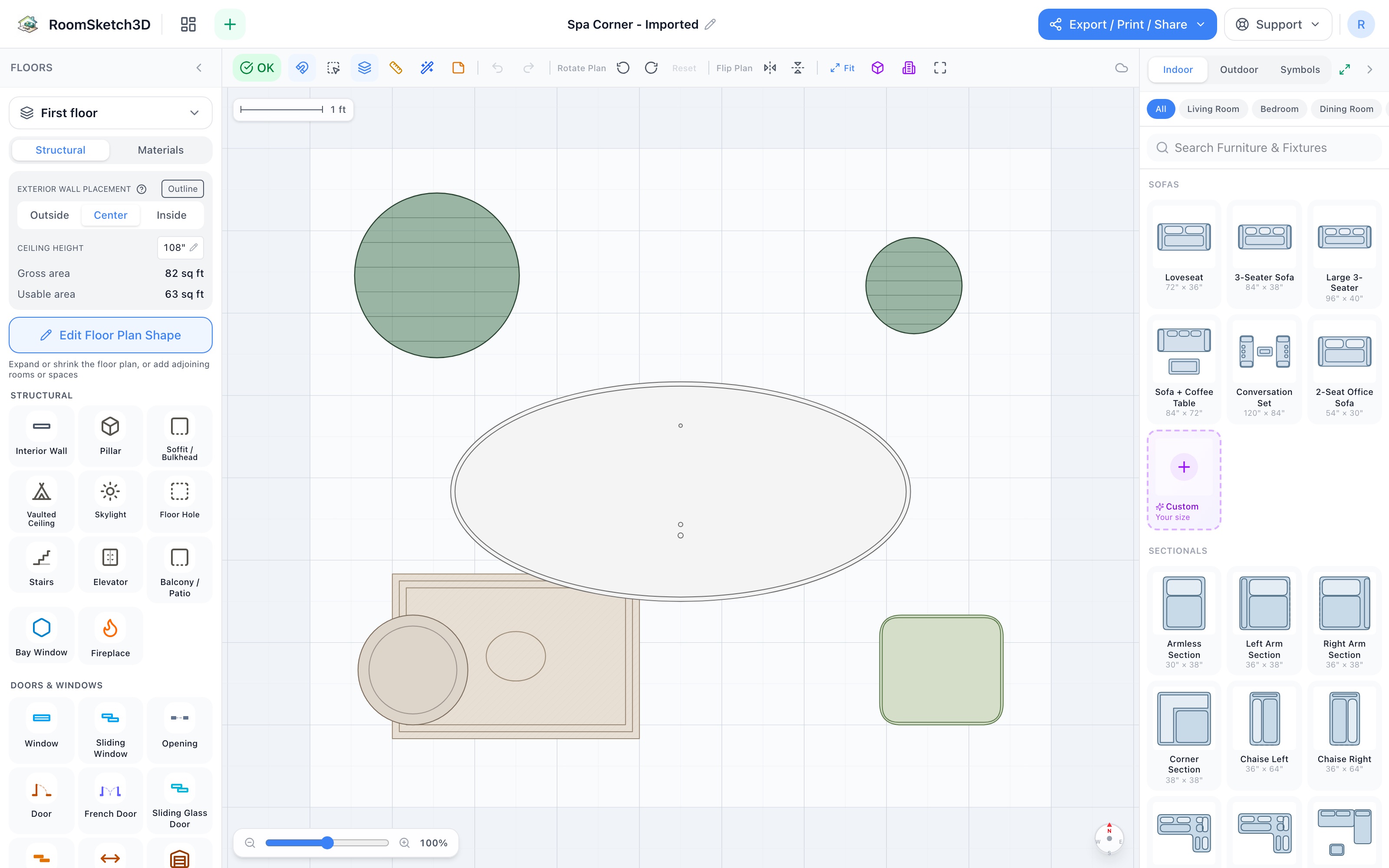 Spa corner floor plan in 2D: a freestanding tub floated in the middle, large plant in one corner, small plant opposite, vanity stool at the tub's foot, bedside rug and storage basket where you step out — RoomSketch3D 3D floorplan software