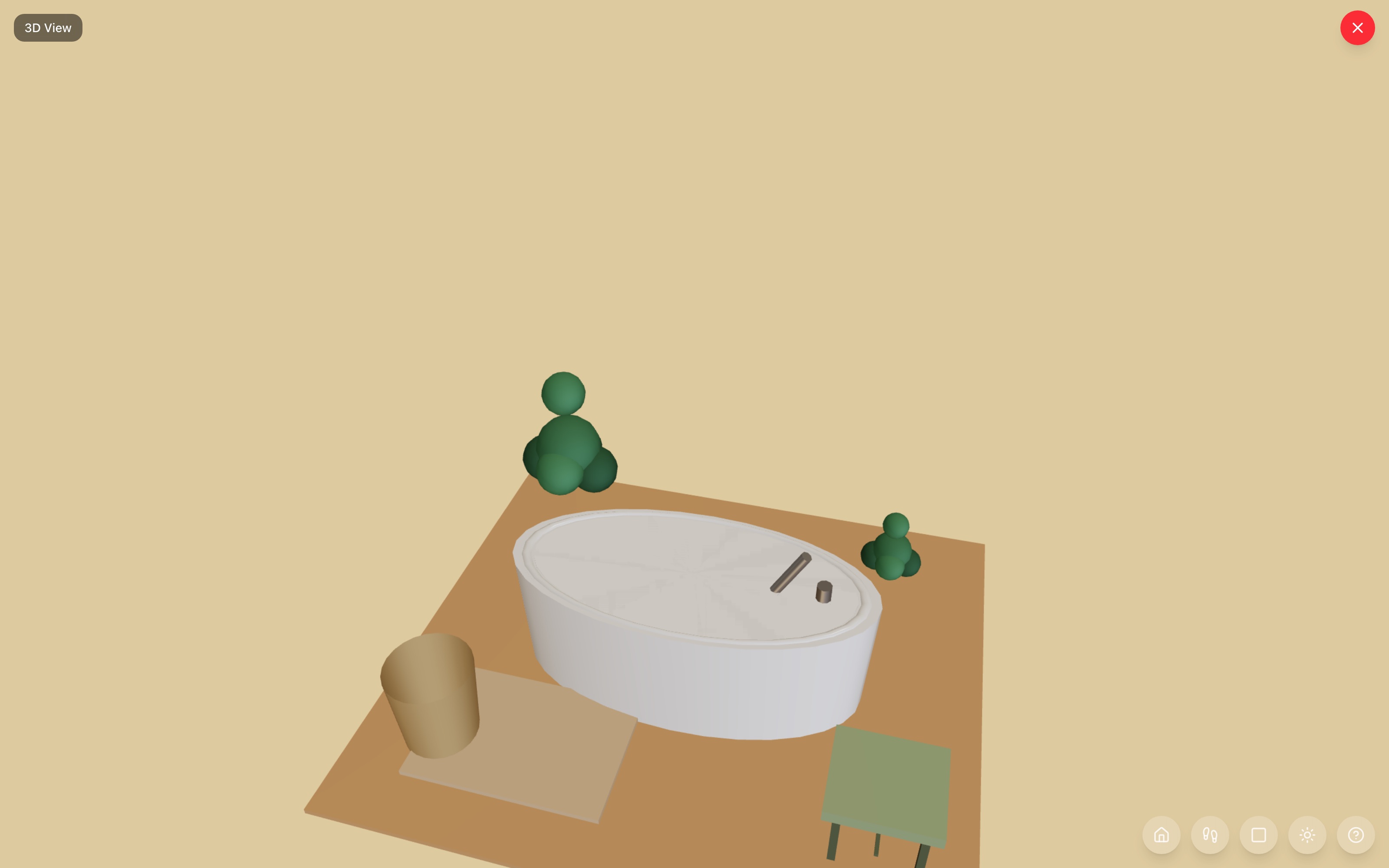 Spa corner in 3D: freestanding tub floated clear of the walls with a large plant behind it, a small plant nearby, vanity stool at the foot, and a soft rug with a storage basket at the step-out side — RoomSketch3D room planner app