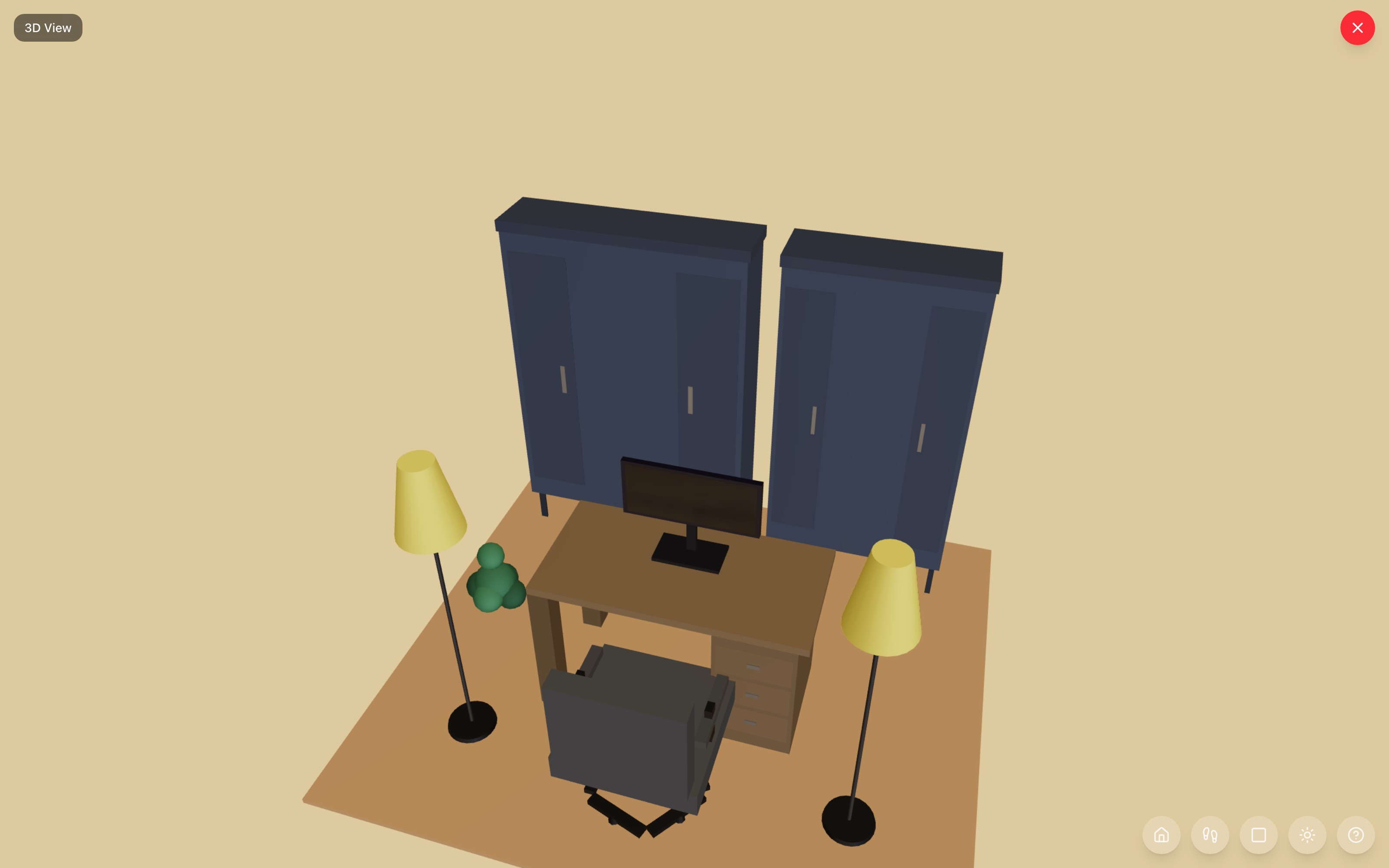 Streaming studio in 3D: two 72-inch bookshelves as the backdrop, a centered desk with a 27-inch monitor and office chair floated off them, two floor lamps flanking the chair, and a small plant at the left edge of the frame — RoomSketch3D 3D floorplan software