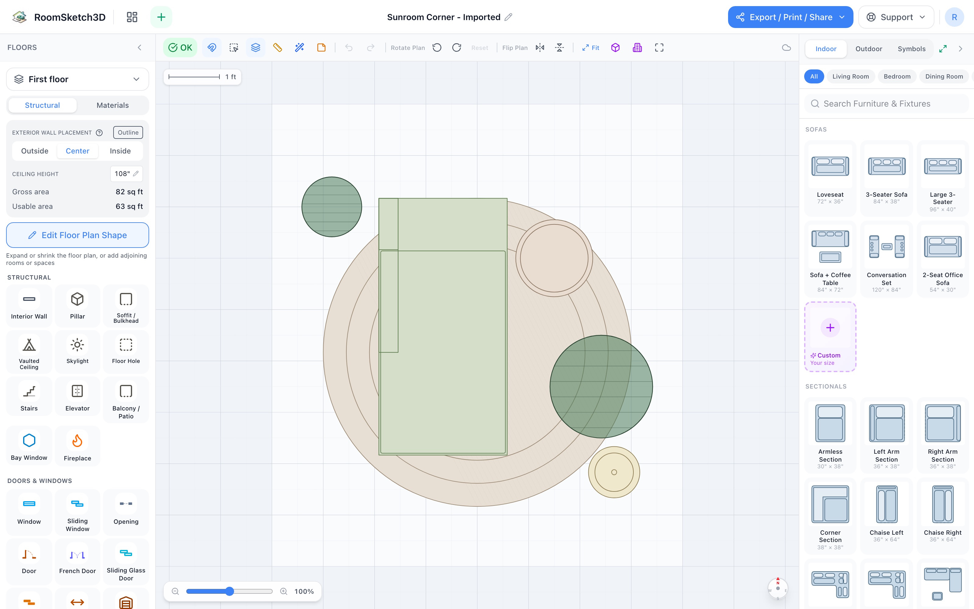 The sunroom corner floor plan in 2D: chaise lounge on a 6 ft round rug, round end table at its head, large and small plants on the flanks, floor lamp behind — RoomSketch3D 3D floorplan software