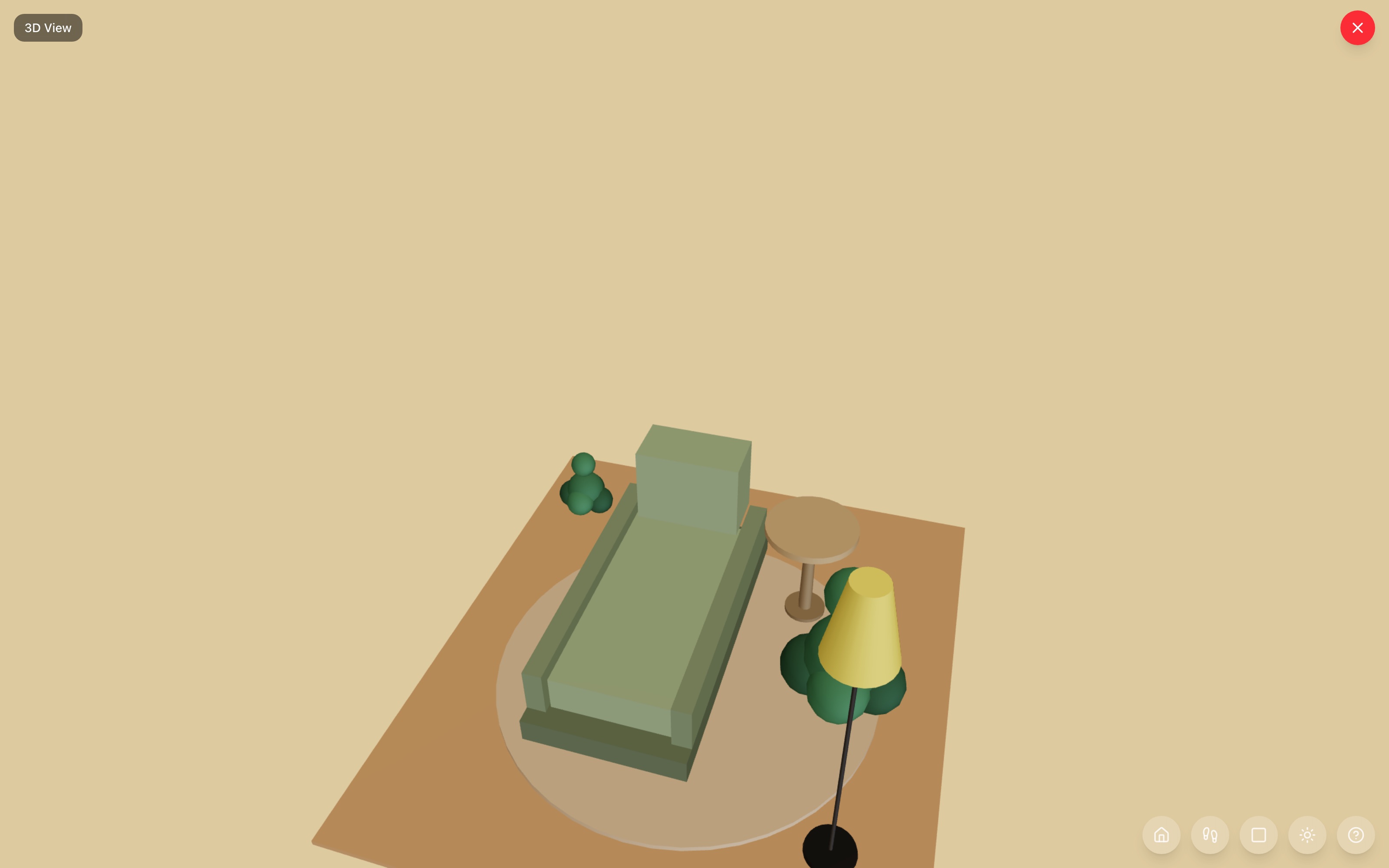 The sunroom corner in 3D: chaise lounge angled on a round rug, round end table at its head, large plant and small plant flanking it, floor lamp behind — RoomSketch3D floor planner