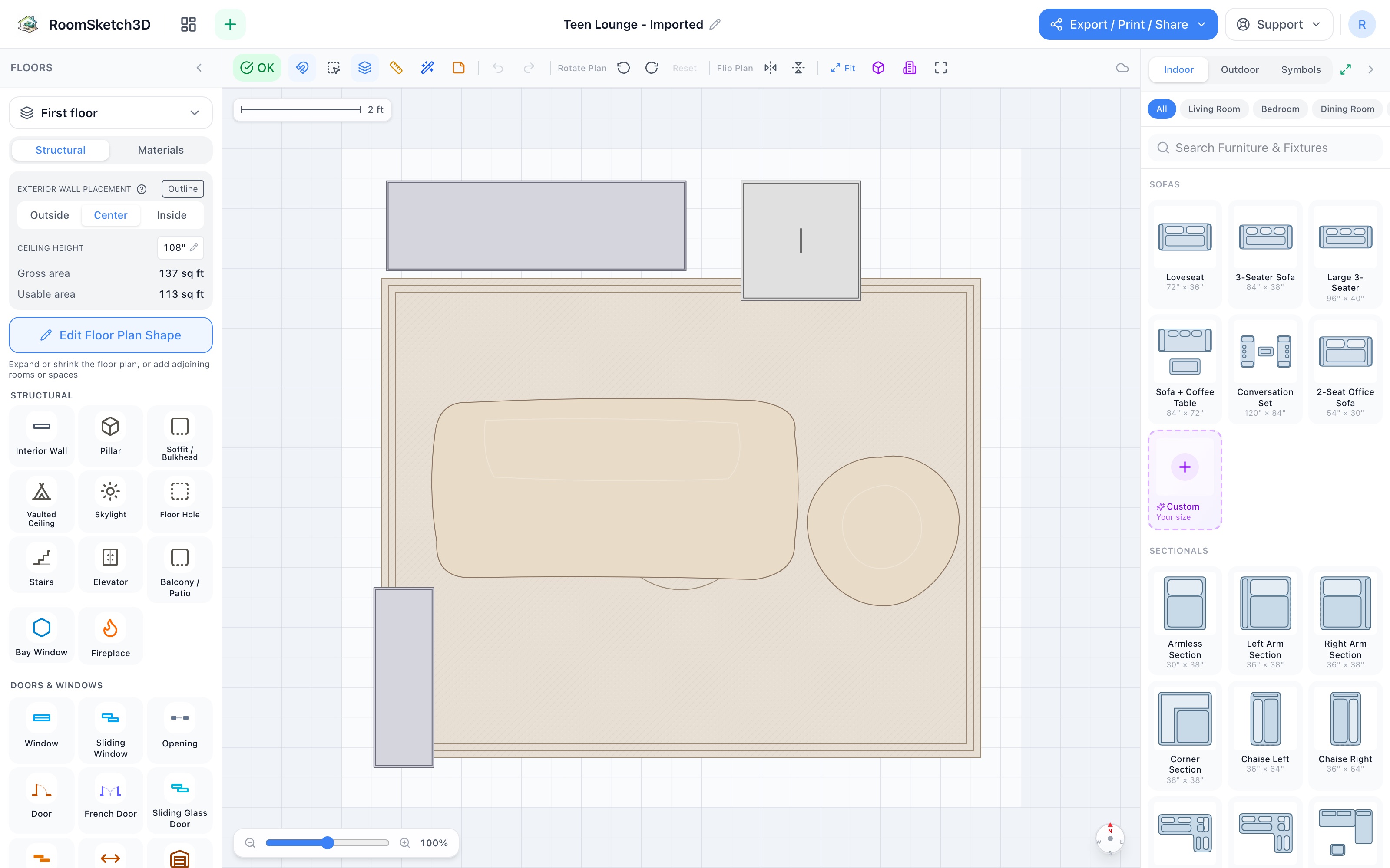 Teen lounge floor plan in 2D: TV console and mini fridge on the top wall, a 72-inch bean bag lounger centered on a sideways 8×10 rug facing the screen, a small bean bag to its right, and a bookshelf on the lower left wall — RoomSketch3D 3D floorplan software