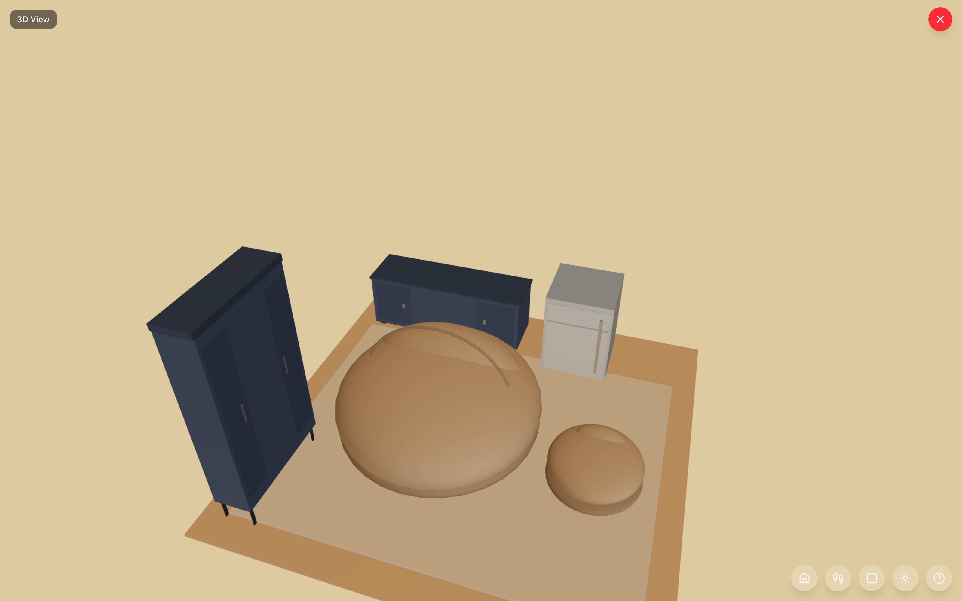 Teen lounge in 3D: the 72-inch bean bag lounger and small bean bag on a sideways area rug facing the TV console, with the mini fridge on the screen wall and a tall bookshelf on the left wall — RoomSketch3D floor planner