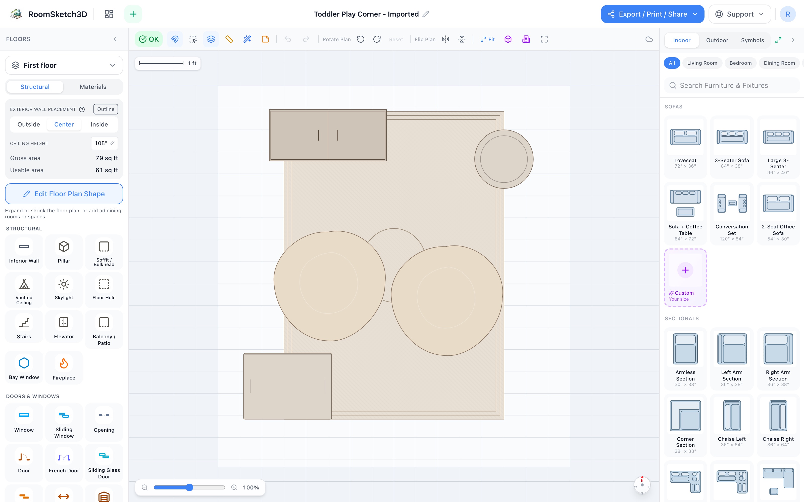 Toddler play corner floor plan in 2D: cubby organizer on the top wall, 5×7 rug centered, two small bean bags on the rug, storage basket at the top right and storage tote at the bottom left — RoomSketch3D room planner app