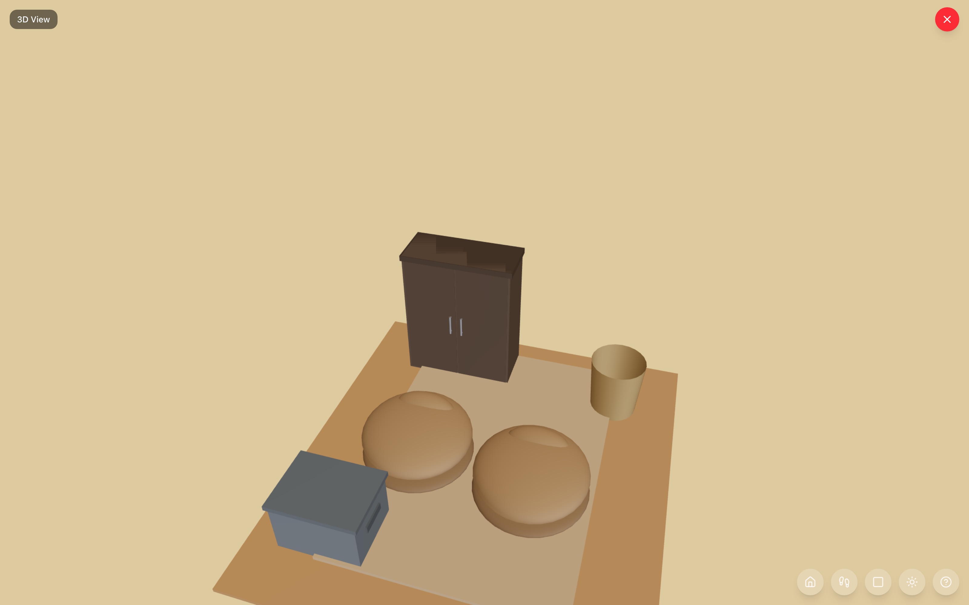 Toddler play corner in 3D: kid-height cubby organizer against the wall, two small bean bags on a 5×7 rug, storage basket beside the cubby and storage tote at the rug's far corner — RoomSketch3D floor plan creator