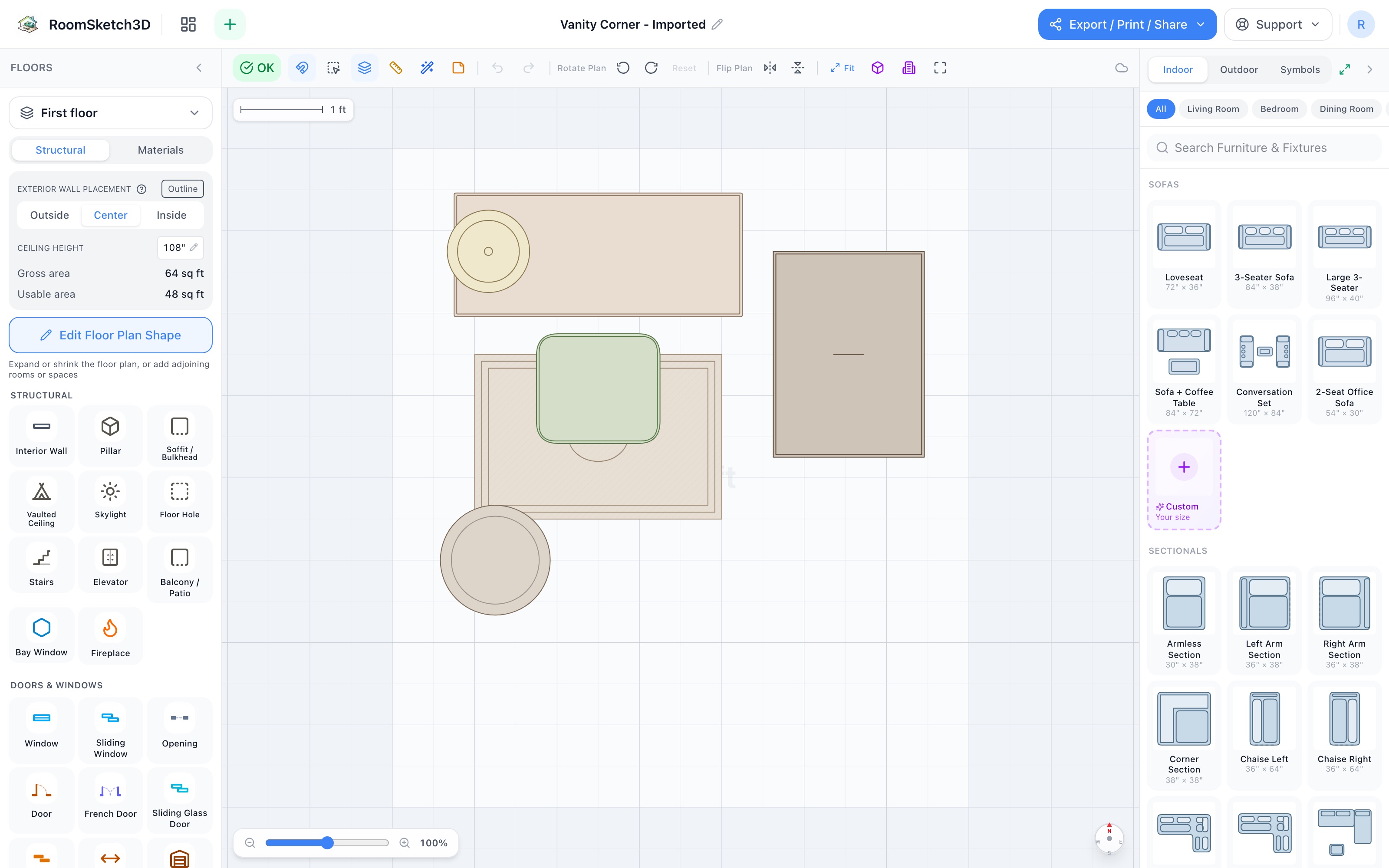 The vanity corner floor plan in 2D: vanity table with a lamp at its end, stool on a small rug, narrow wardrobe on the right, storage basket in the left corner — RoomSketch3D room planner app