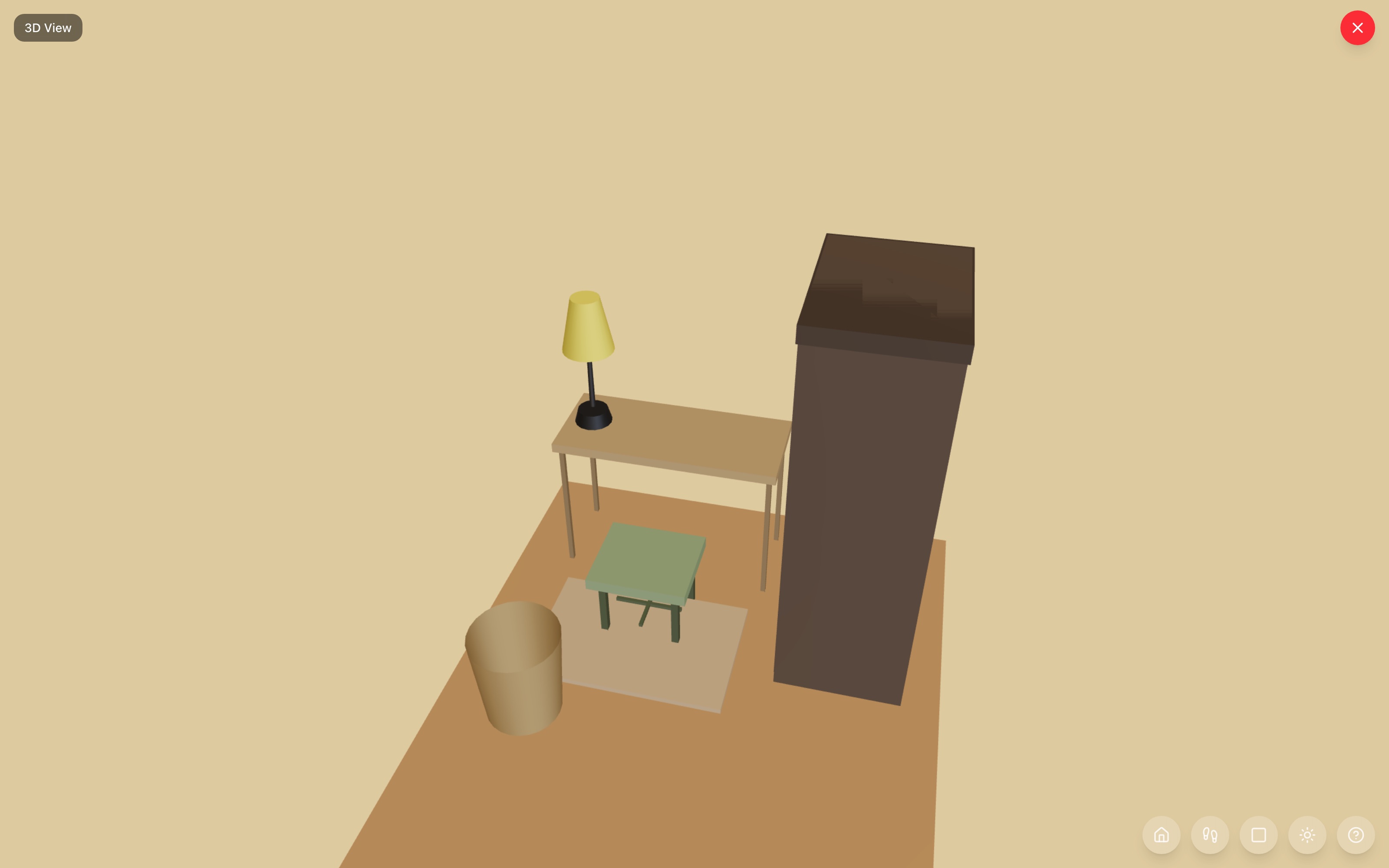 The vanity corner in 3D: vanity table with a table lamp, vanity stool on a small rug, narrow wardrobe with doors facing the lane, and a storage basket — RoomSketch3D 3D floorplan software