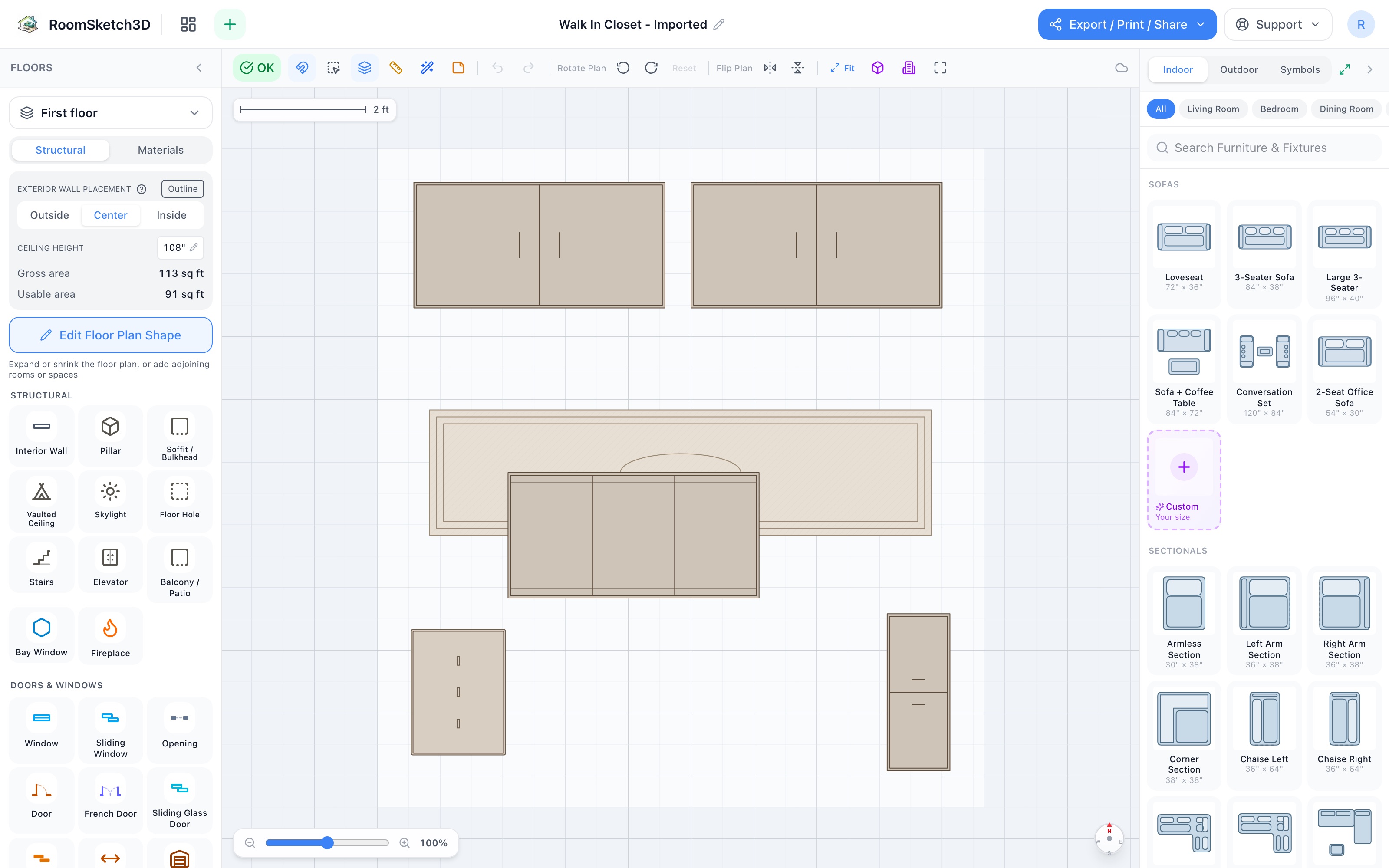 Walk-in closet floor plan in 2D: double-hang wardrobe and shelf-and-hanging combo on the far wall, dressing island in the centre, shoe rack and drawer tower low on the sides, runner down the aisle — RoomSketch3D 3D floorplan software