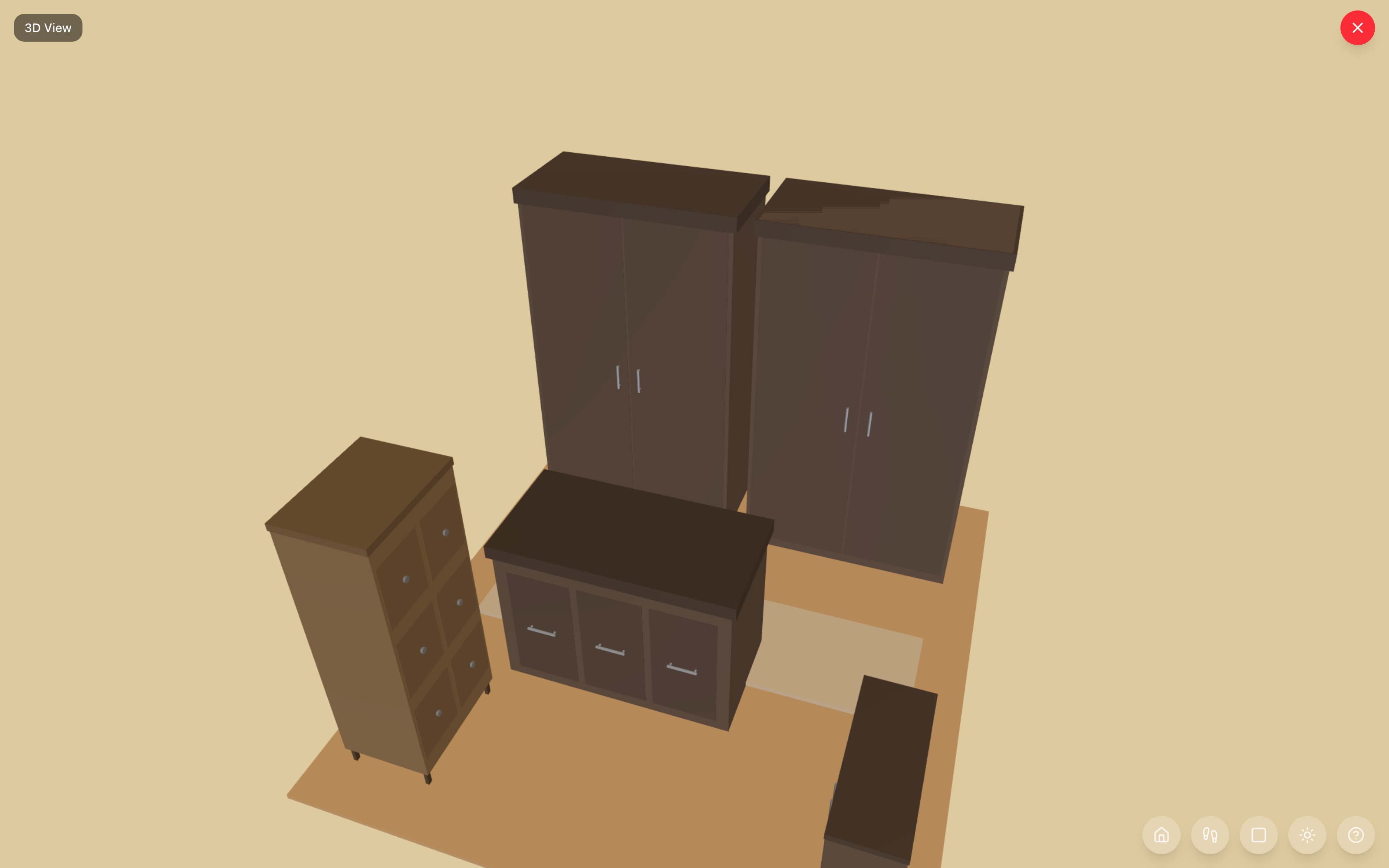 The walk-in closet in 3D: double-hang wardrobe and shelf-and-hanging combo behind a dressing island, shoe rack and drawer tower at the sides, runner along the aisle — RoomSketch3D floor planner