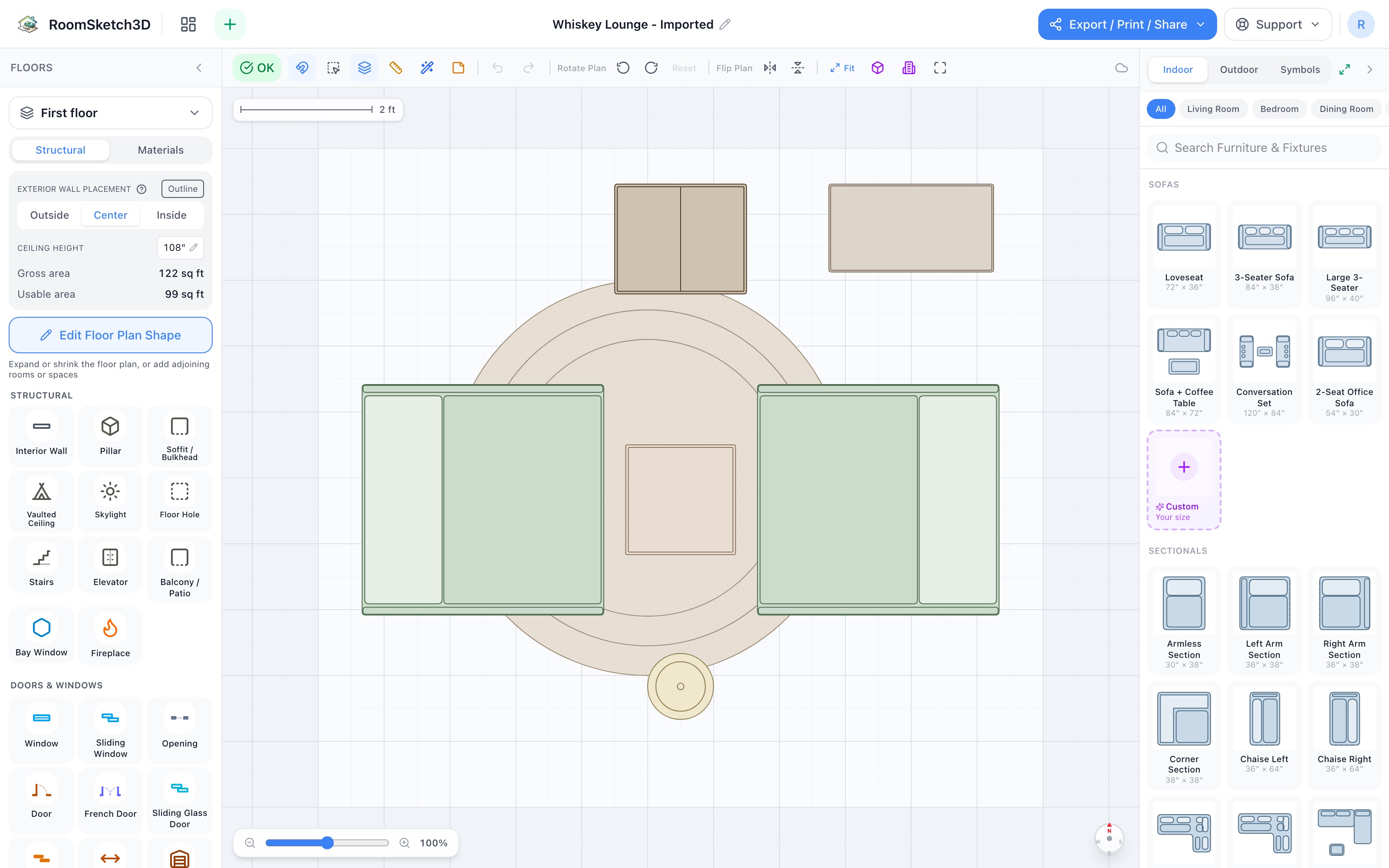 Whiskey lounge floor plan in 2D: two oversized recliners facing each other across a side table on a 6 ft round rug, with a wine cabinet centered on the top wall and a bar cabinet in the top-right corner — RoomSketch3D floor planner