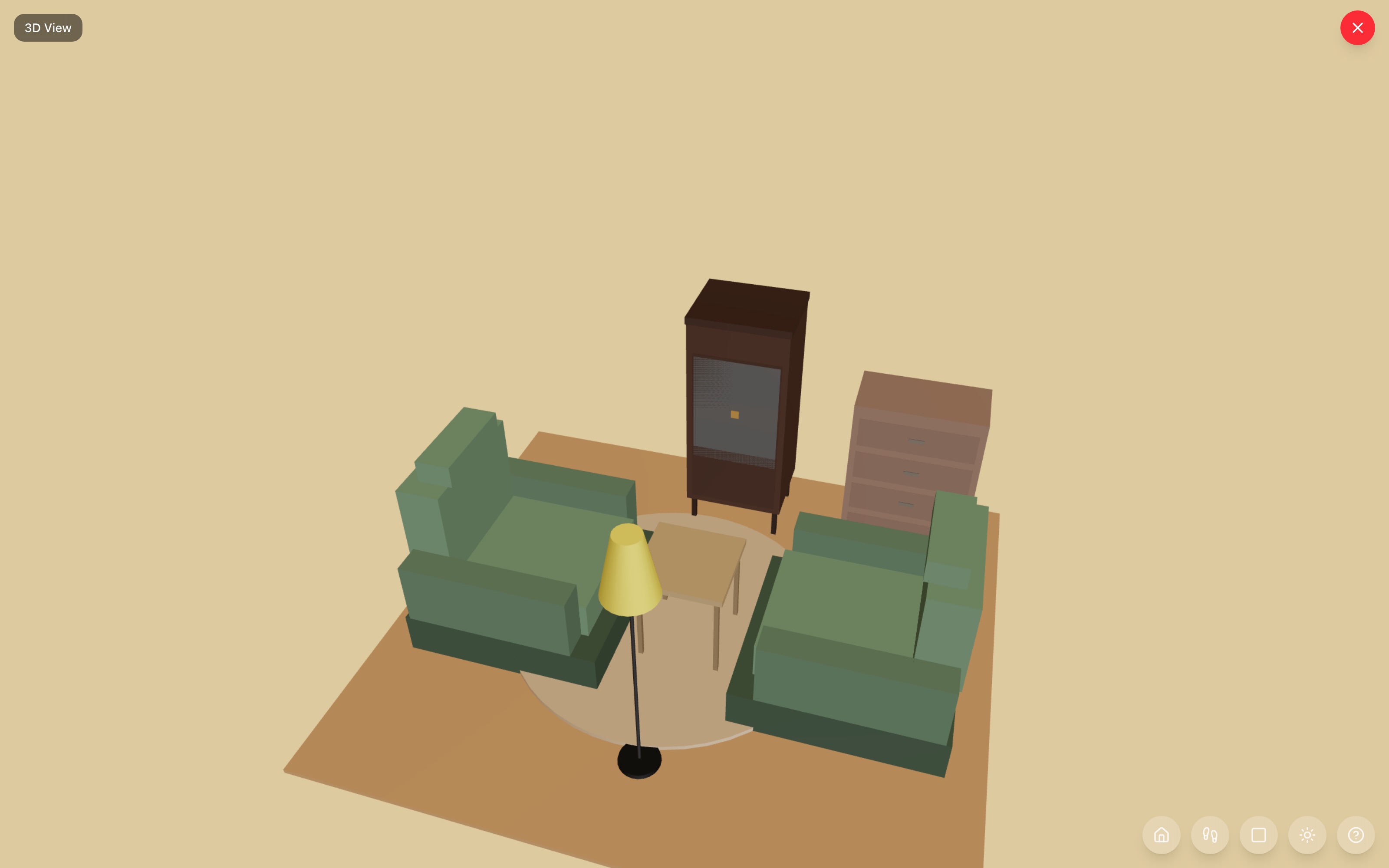 Whiskey lounge in 3D: two oversized recliners facing each other over a side table on a round rug, floor lamp glowing behind the table line, wine cabinet and bar cabinet along the far wall — RoomSketch3D floor planner