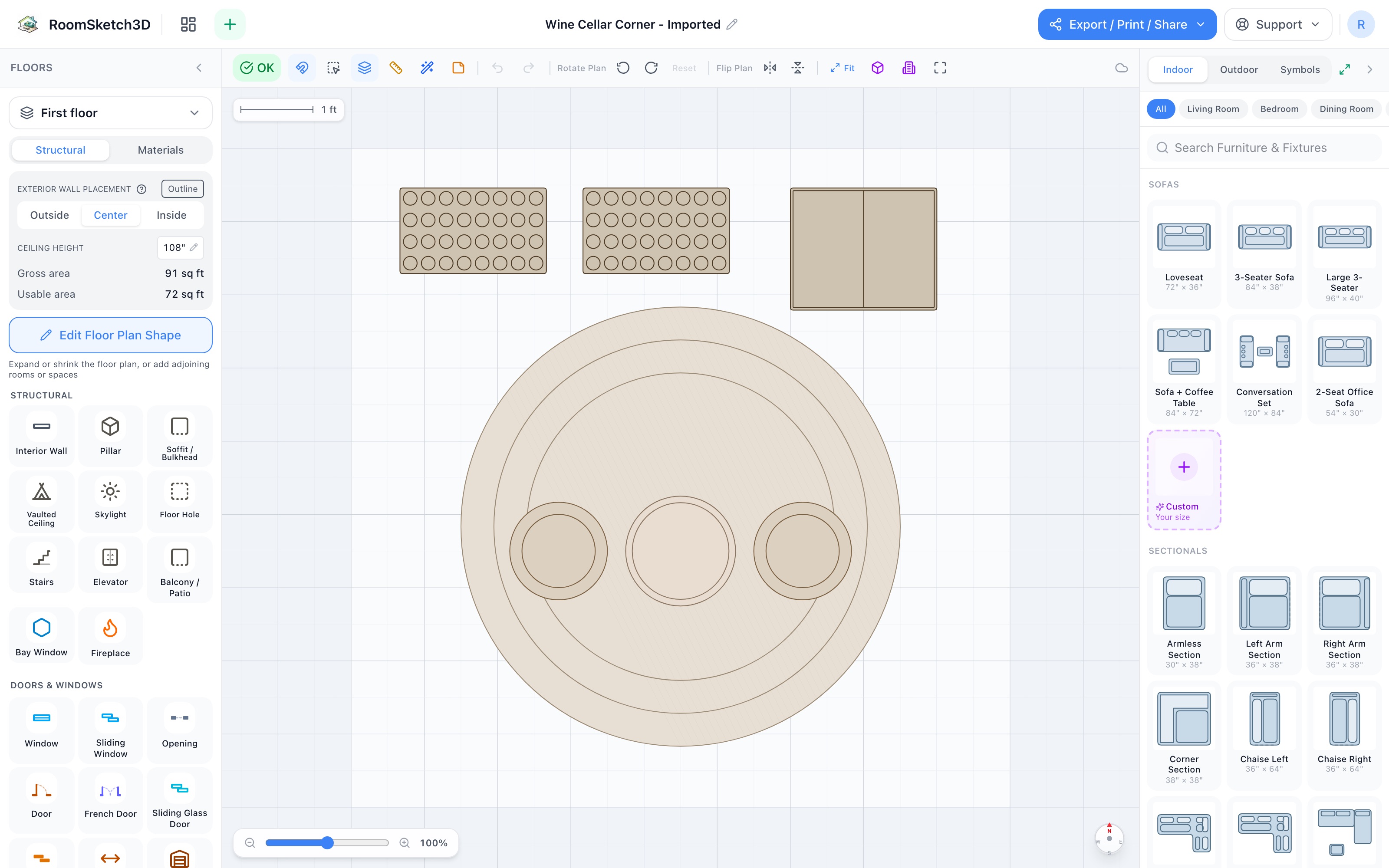 Wine cellar corner floor plan in 2D: two 36-bottle wine racks side by side on the top wall, a wine cabinet in the top-right corner, and a round end table flanked by two bar stools on a 6-foot round rug in the middle — RoomSketch3D 3D floorplan software