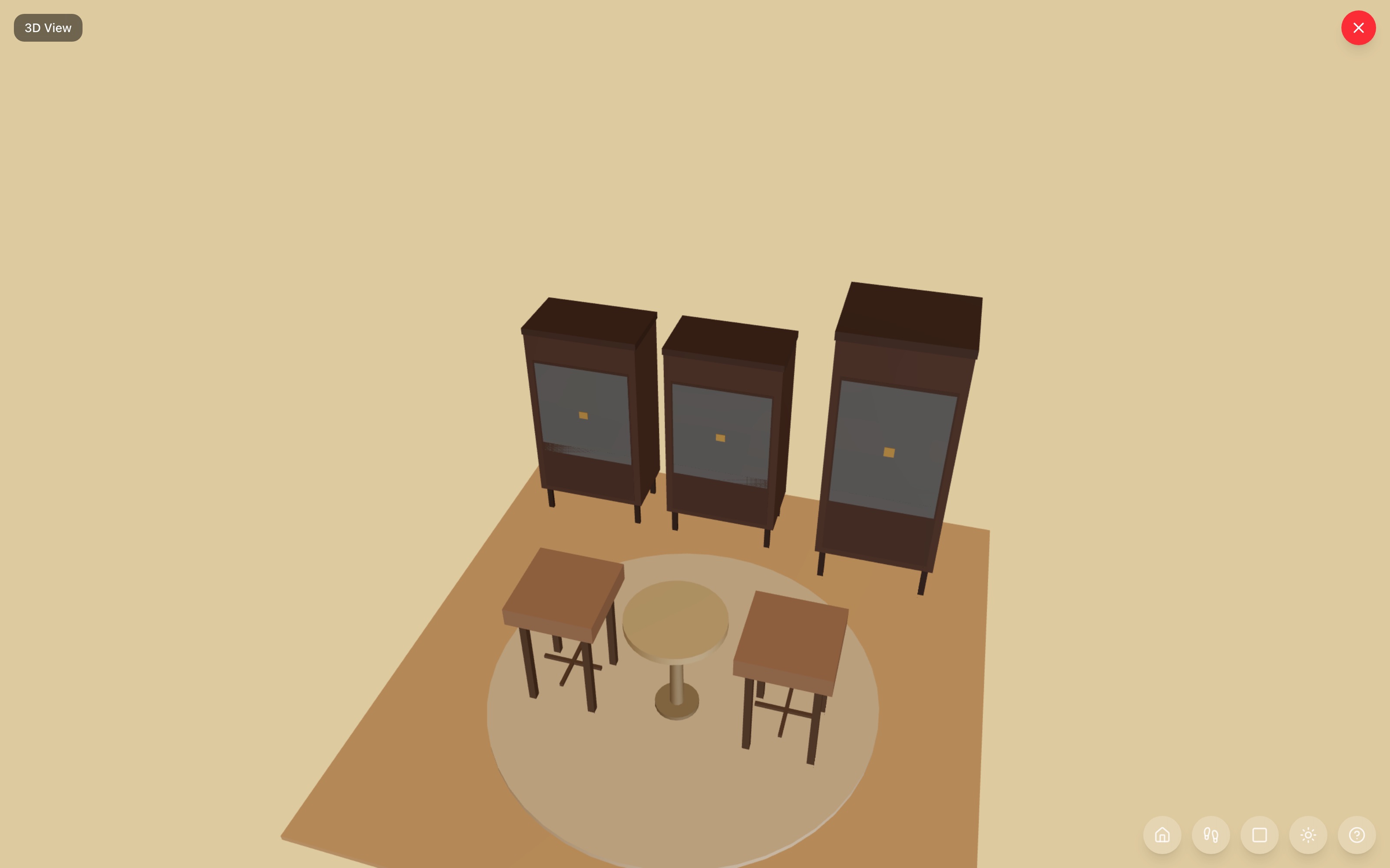 Wine cellar corner in 3D: two 48-inch-tall wine racks full of bottles along the wall, a tall wine cabinet in the corner, and a round end table with two bar stools on a round rug in the foreground — RoomSketch3D room planner app