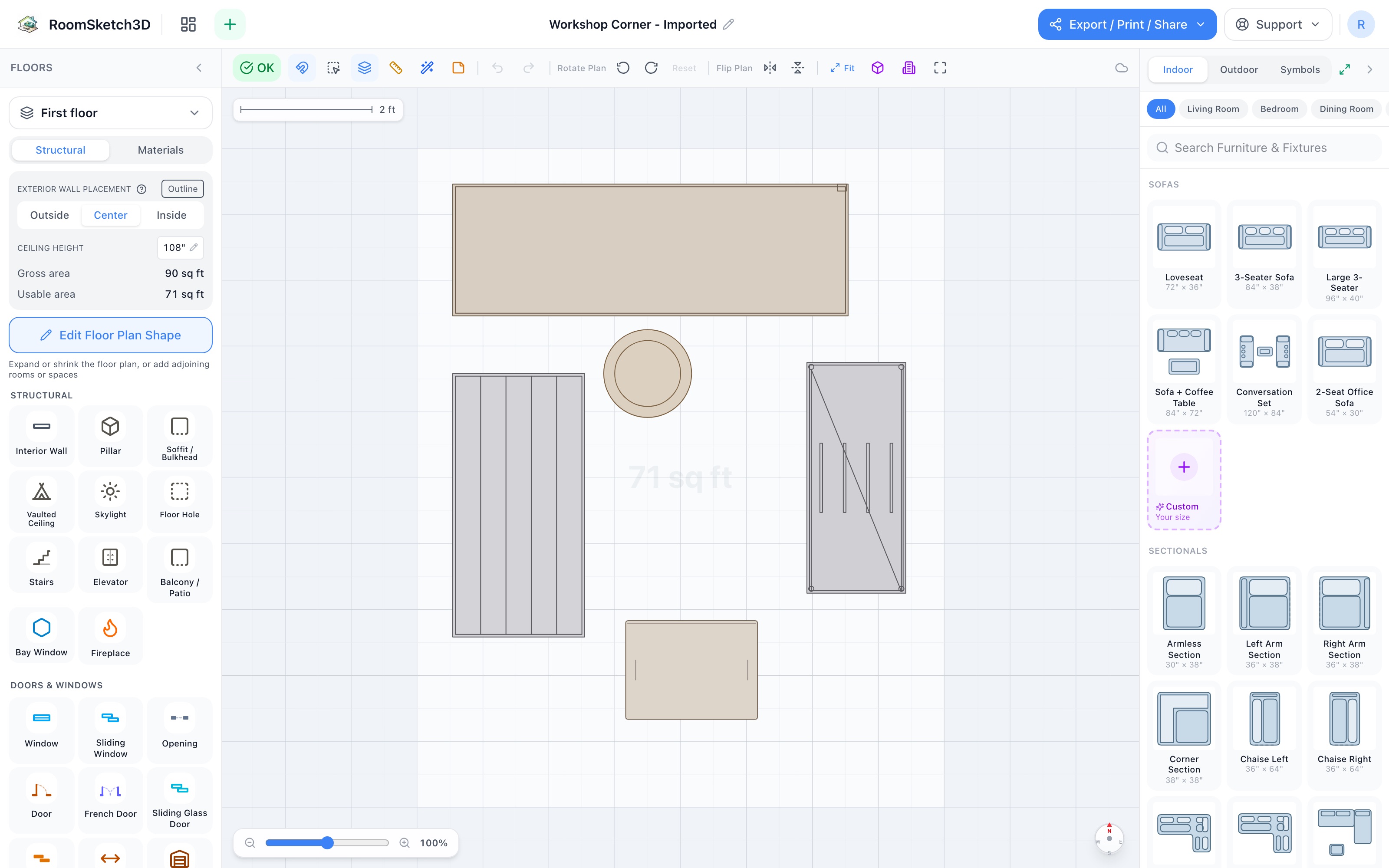 Workshop corner floor plan: 6-foot workbench on the far wall with a counter stool, rolling tool cabinet on the right edge, 5-tier shelf on the left, storage tote at the end of the lane — RoomSketch3D home design app