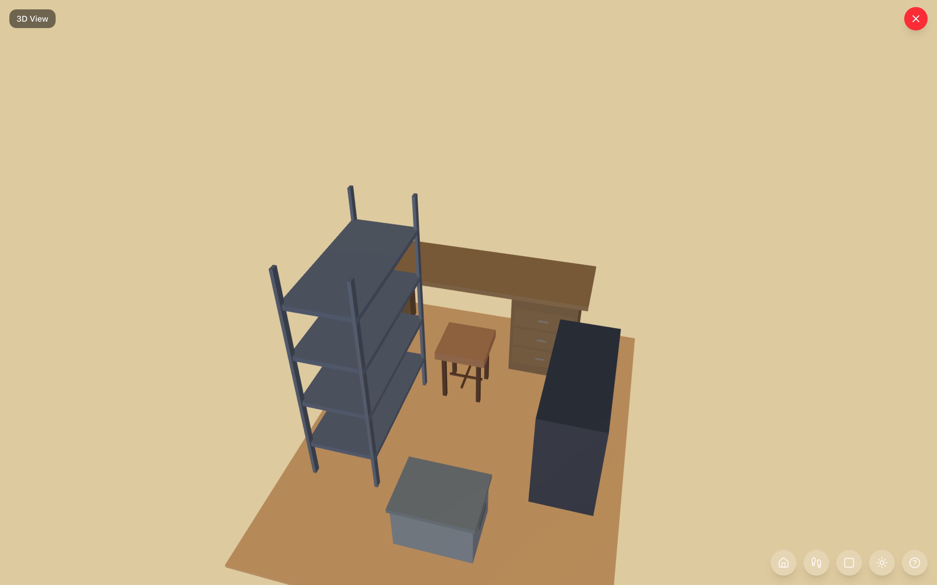 Workshop corner in 3D: 6-foot workbench with counter stool, rolling tool cabinet on the right, 5-tier garage shelf on the left, storage tote staged at the lane's end — RoomSketch3D room planner app