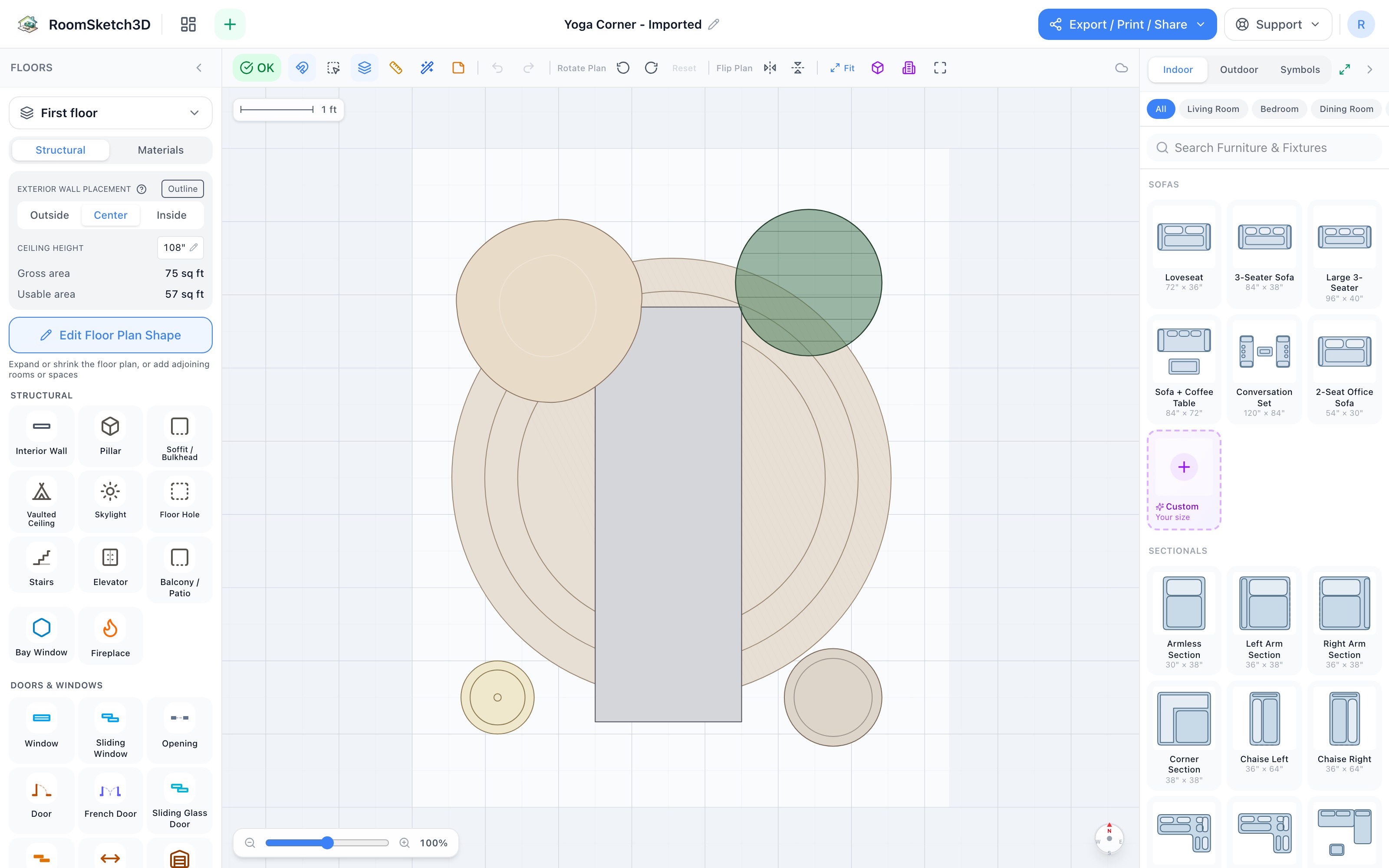 The yoga corner floor plan in 2D: a yoga mat centred on a 6 ft round rug, a small bean bag and large plant above it, a floor lamp and storage basket below — RoomSketch3D floor planner