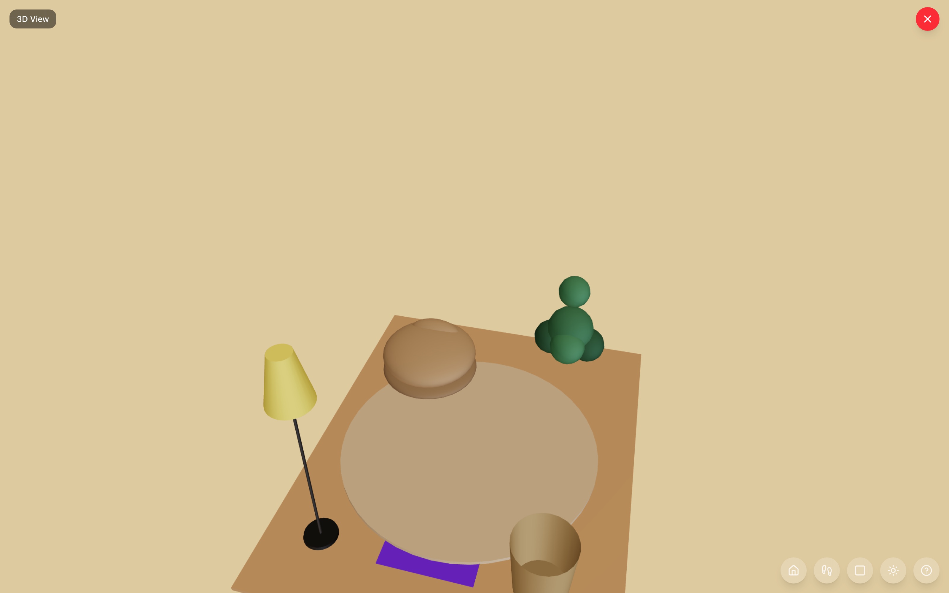 The yoga corner in 3D: a yoga mat centred on a round rug, a small bean bag, a large plant, a floor lamp, and a storage basket at the corners — RoomSketch3D home design app