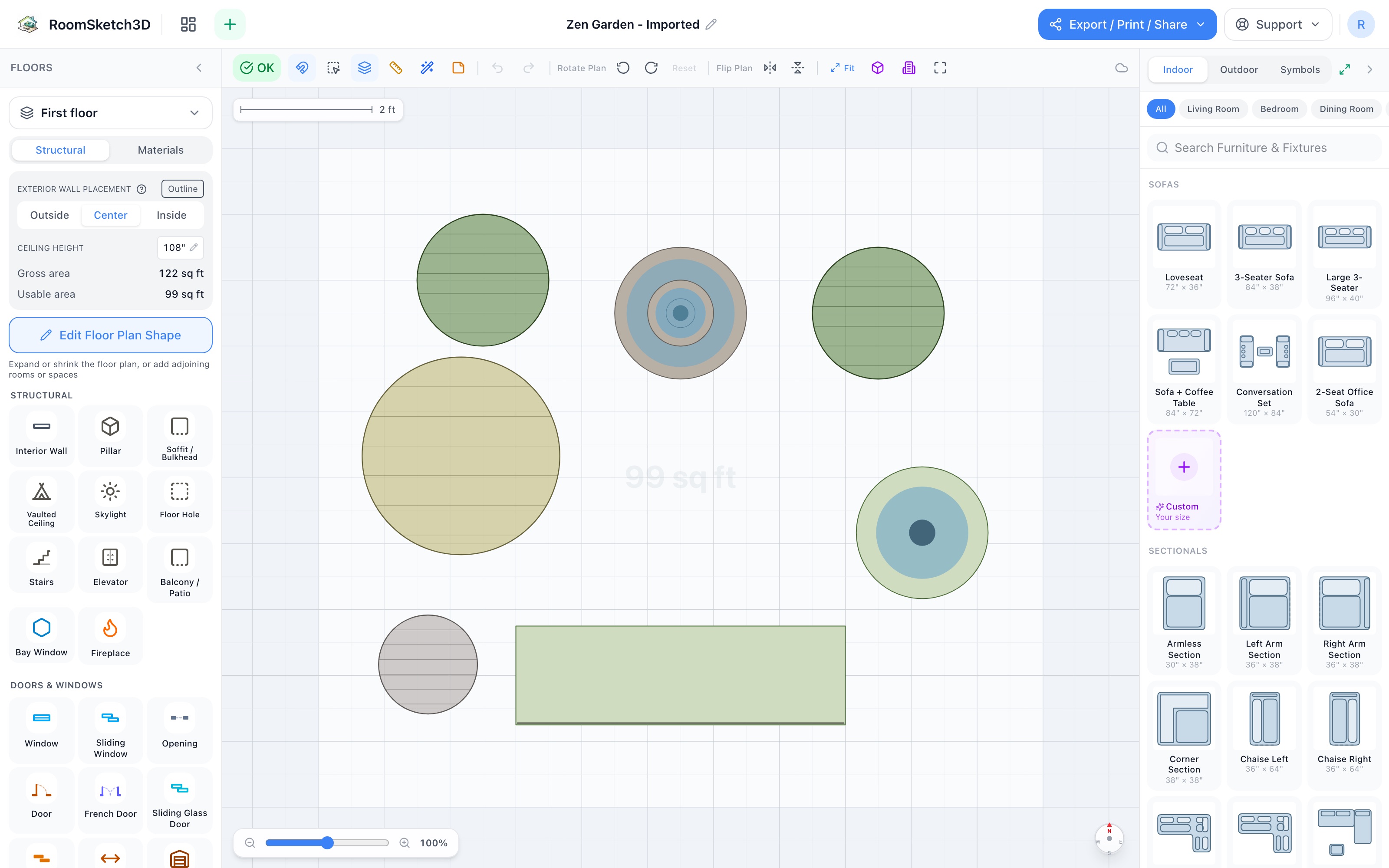 Zen garden floor plan in 2D: a garden bench at the bottom facing a fountain in the upper-center, two topiary balls flanking the fountain asymmetrically, an ornamental grass clump on the left, a garden statue in the lower-left, and a bird bath on the right — RoomSketch3D 3D floorplan software