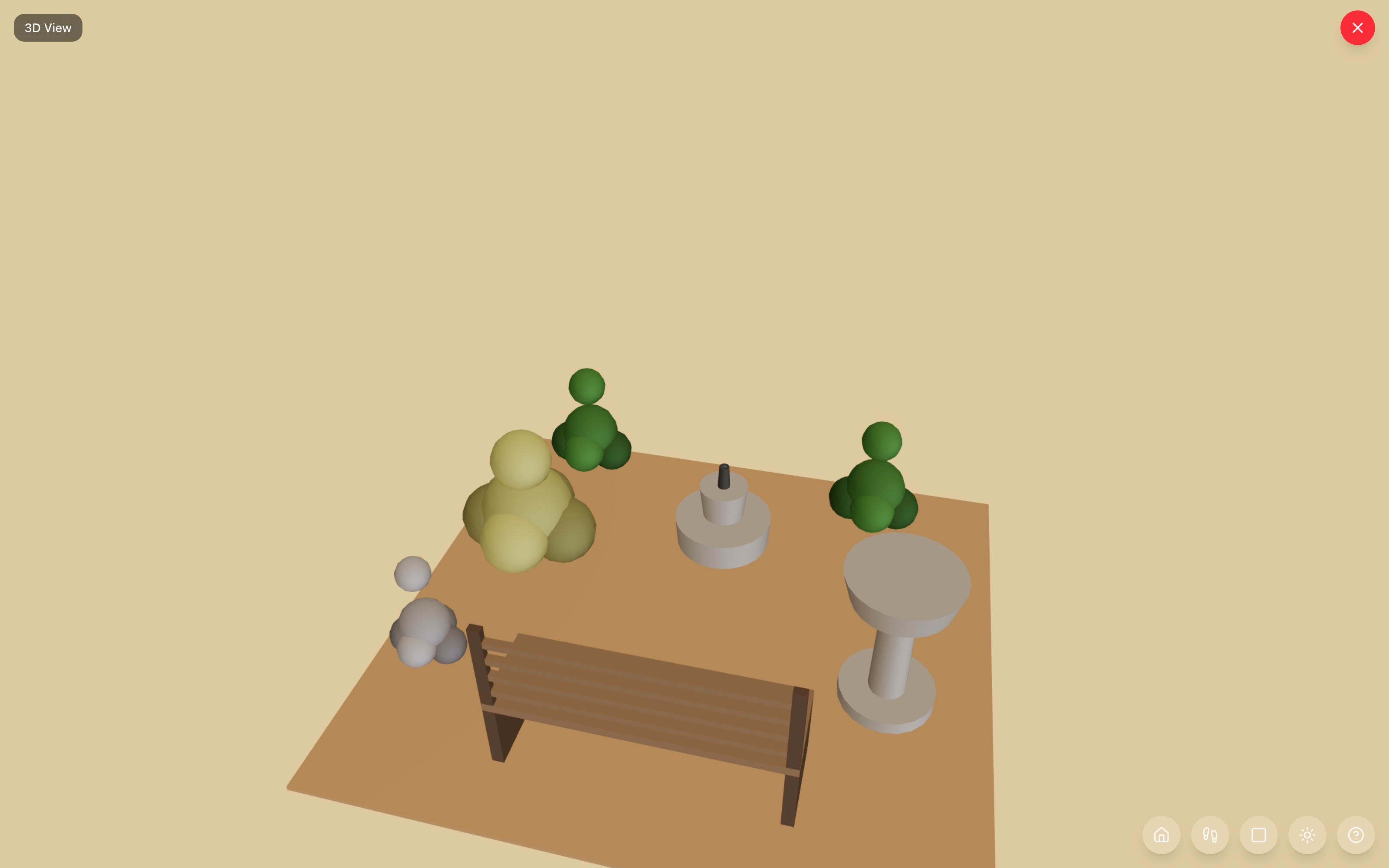 Zen garden in 3D from behind the garden bench: the fountain centered on the sightline, topiary balls placed near and far, ornamental grass on the left, the garden statue lower-left, and the bird bath on the right with open ground between — RoomSketch3D room planner app