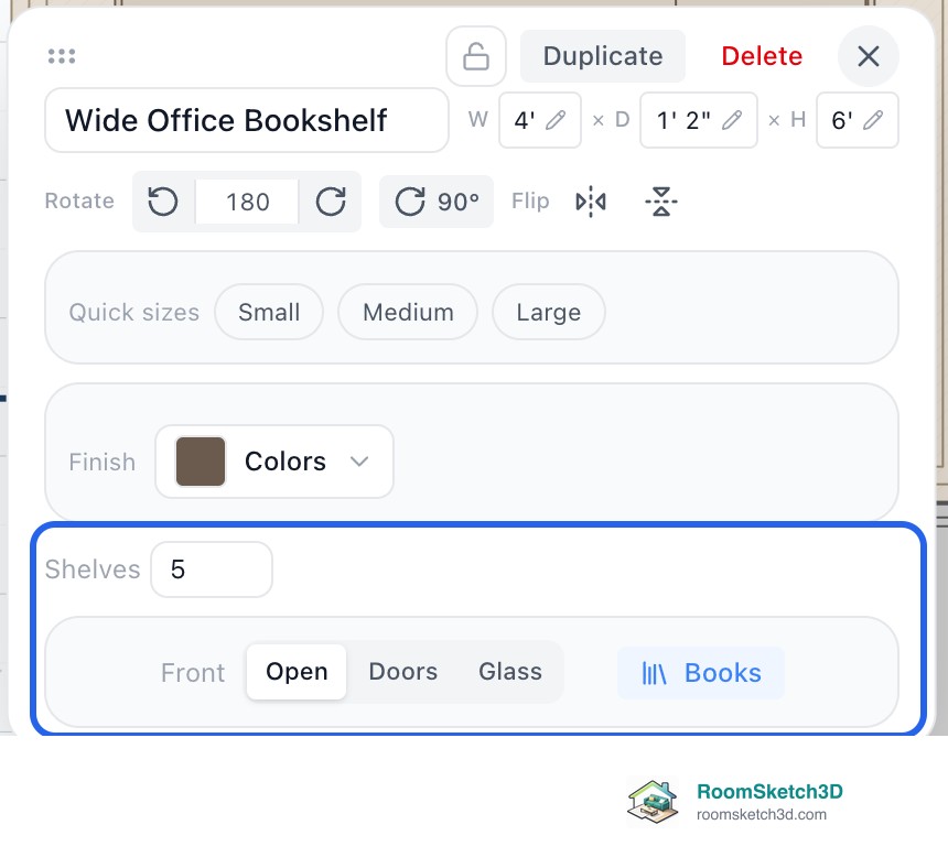 The RoomSketch3D panel for a Wide Office Bookshelf, 4 feet by 1 foot 2 by 6 feet, with Shelves 5 and Front Open, Doors, Glass and the Books button highlighted