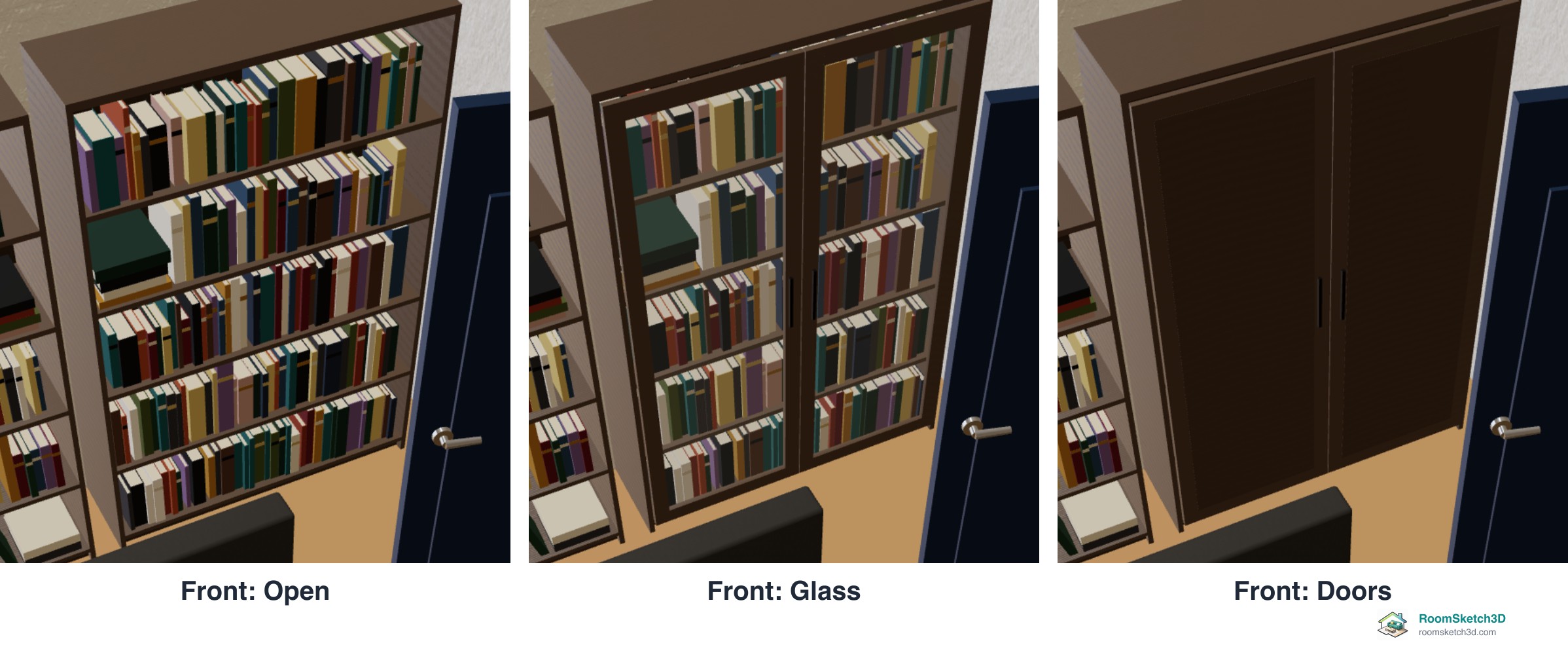 The same Wide Office Bookshelf in RoomSketch3D's 3D view three times: open with books, with glass doors showing the books, and with solid doors
