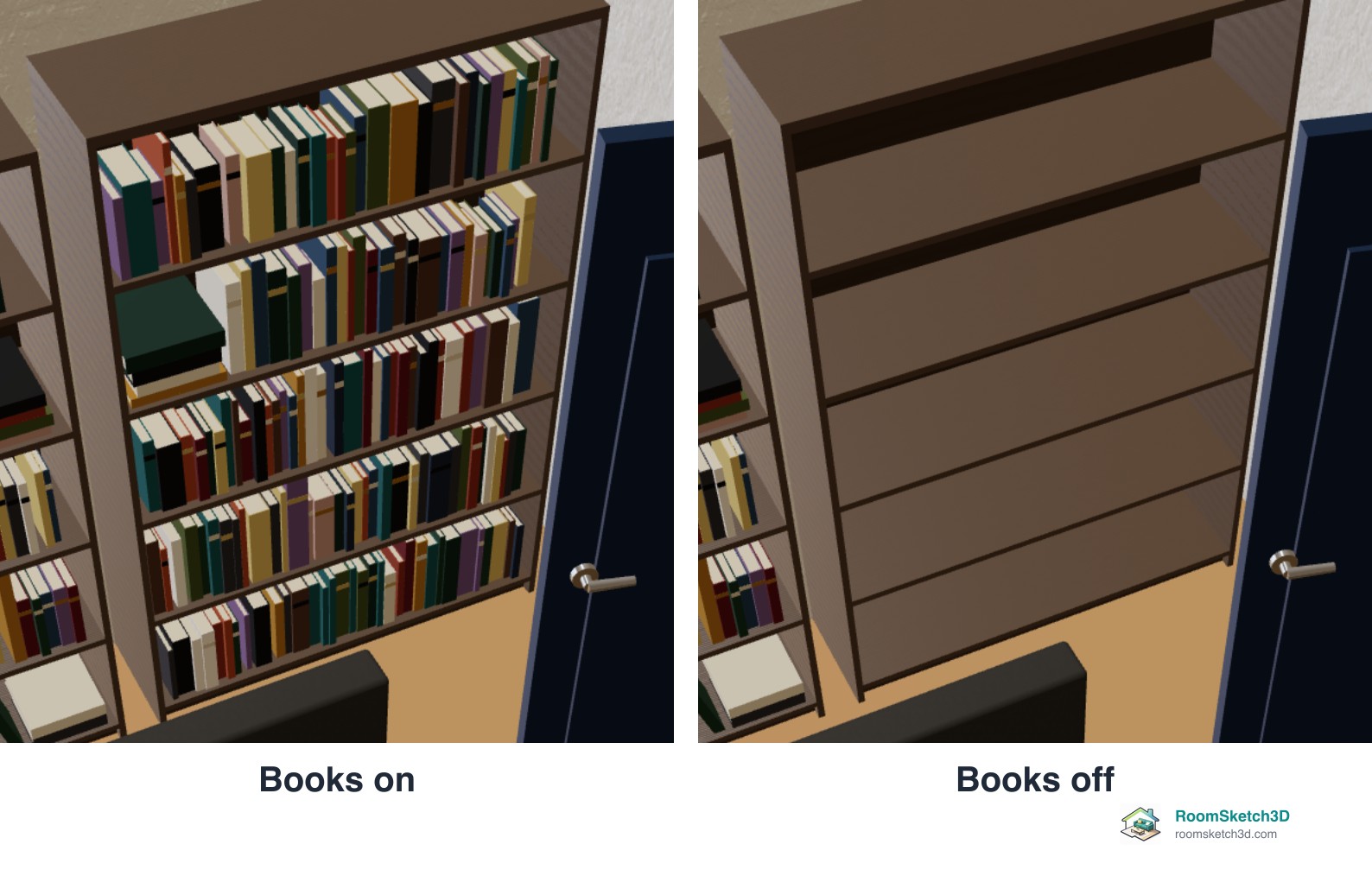 The same open bookcase in RoomSketch3D's 3D view with books on its shelves, and with the books turned off showing empty shelves