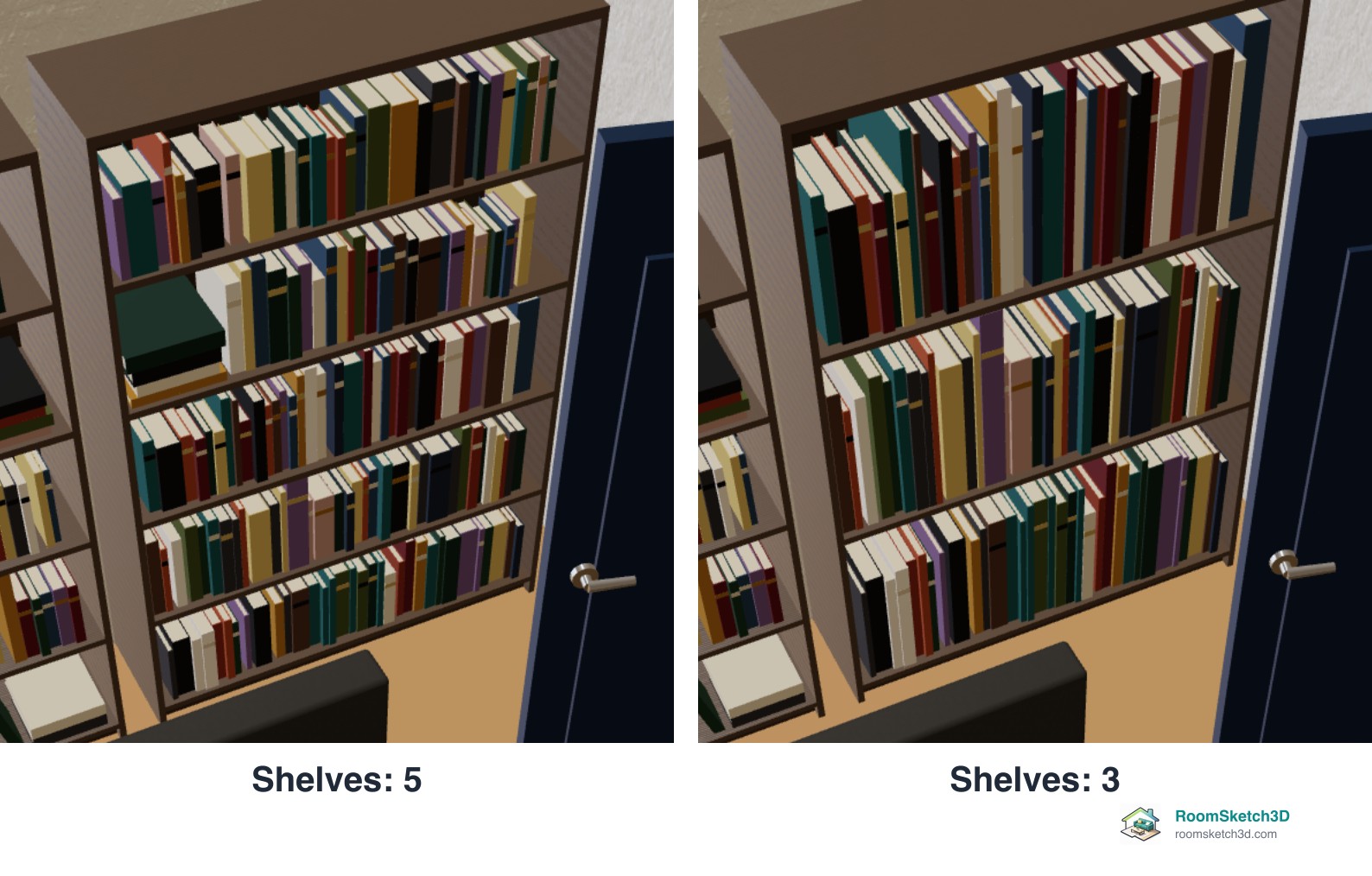 The same bookcase in RoomSketch3D's 3D view with five shelves of books and with three taller shelves of books