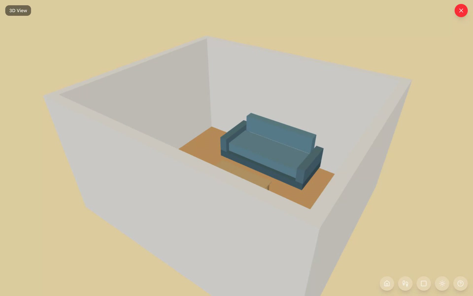 The sofa shown at real scale in 3D View