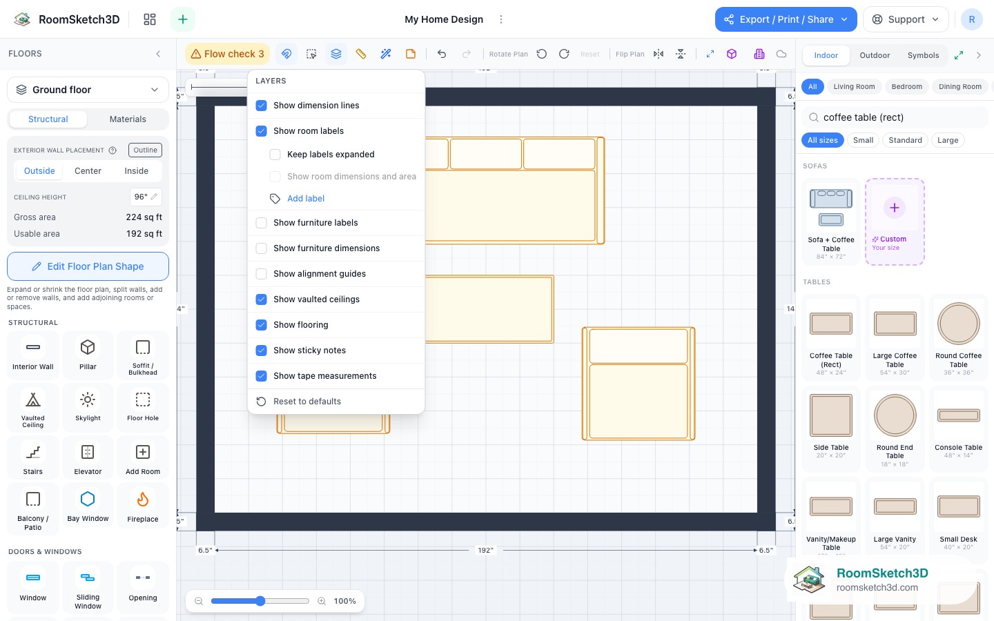 The Layers menu in RoomSketch3D with the Show alignment guides toggle